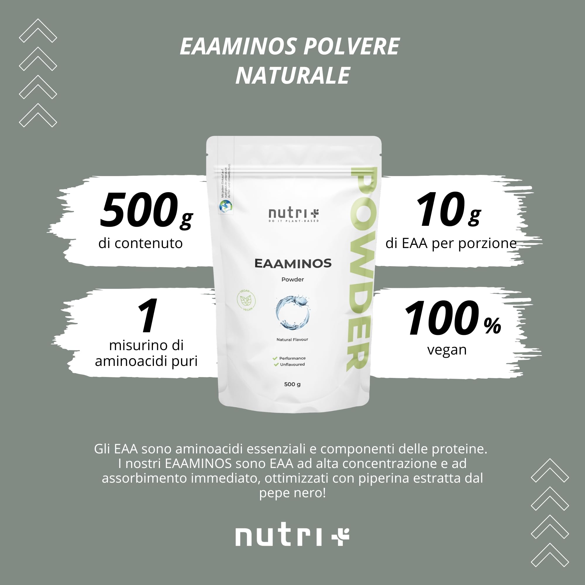 EAA polvere neutro 500 g - Dose elevata - EAA istantanei naturale senza dolcificanti, additivi e aromi artificiali - Aminoacidi essenziali - Aminoacidi essenziali vegani