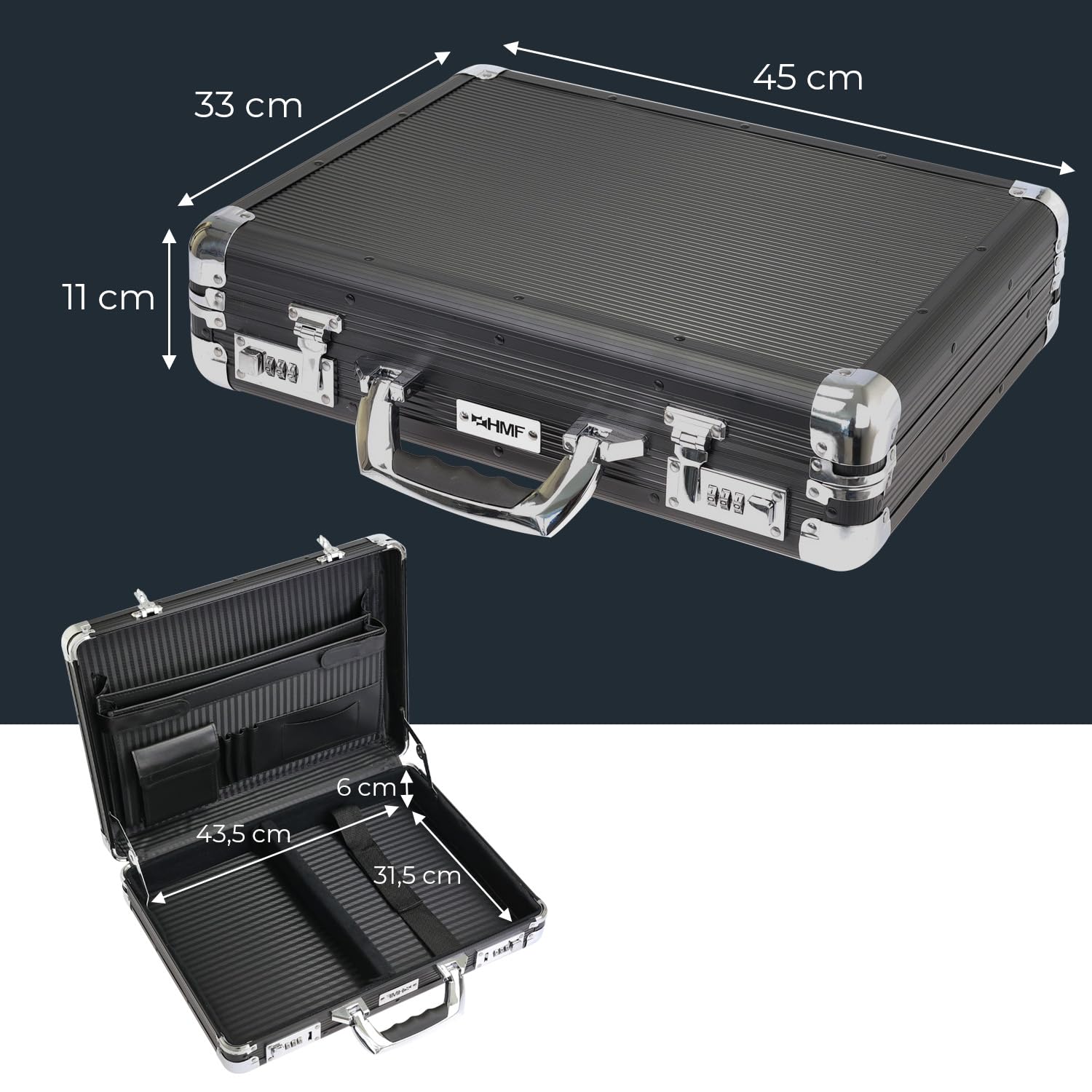 HMF Mallette en aluminium pour ordinateur portable jusqu’à 17,3 pouces, Mallette business homme avec serrure à combinaison, compartiment rembourré et organiseur | 45 x 33 x 11 cm | Noir