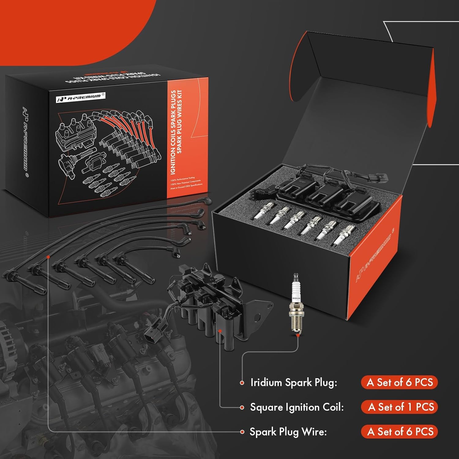 A-Premium 1 Ignition Coils with 6 Wire and 6 Iridium Spark Plugs Compatible with Kia Sportage 2005-2010 & Hyundai Tucson 2005-2009, 2.7L