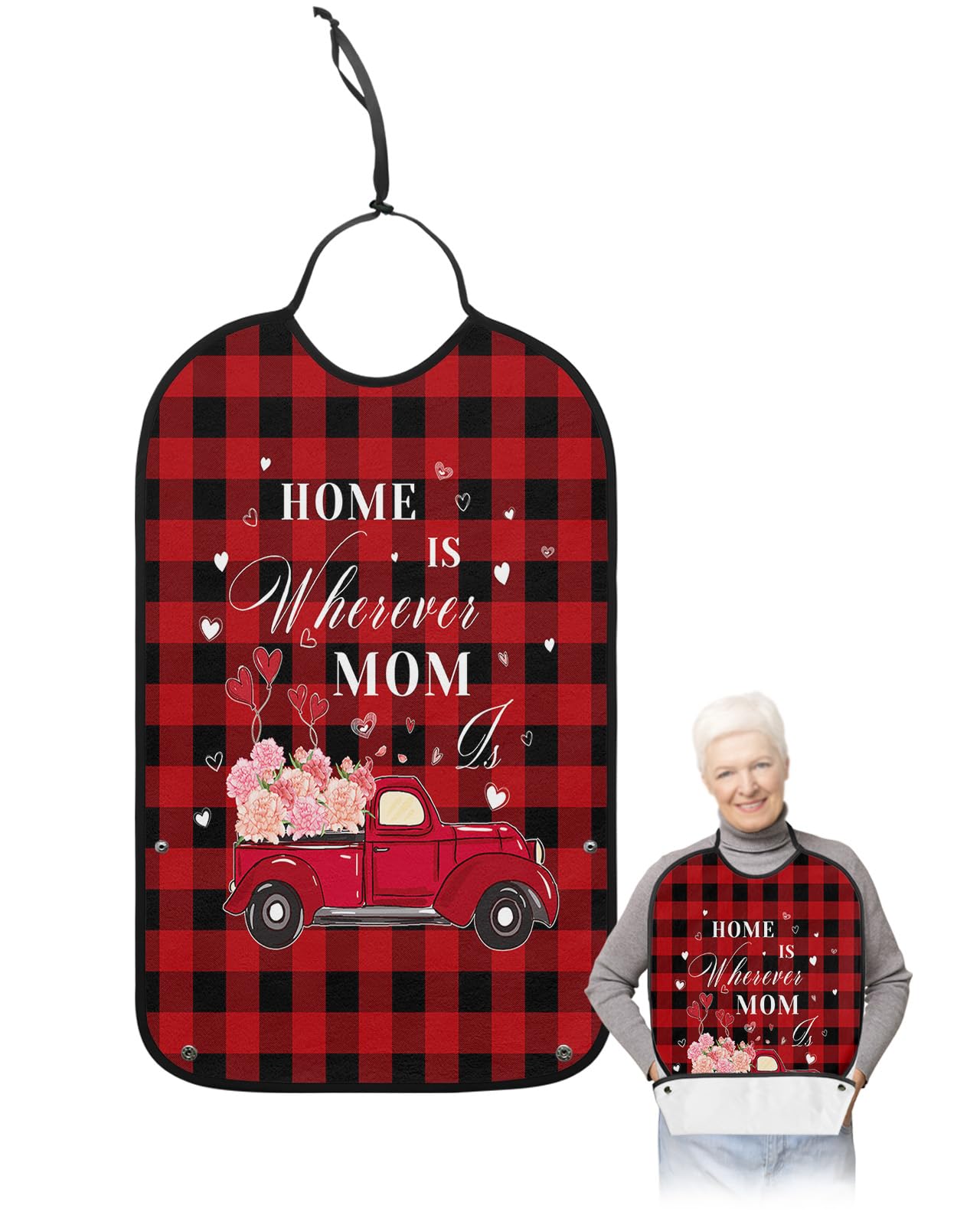 Mother's Day Truck Adult Bibs for Eating, Waterproof Bibs with Food Catcher & Adjustable Snap Closure, Red Black Checkered Pink Flowers Washable Clothing Protectors Adult Bibs for Elderly Women/Men