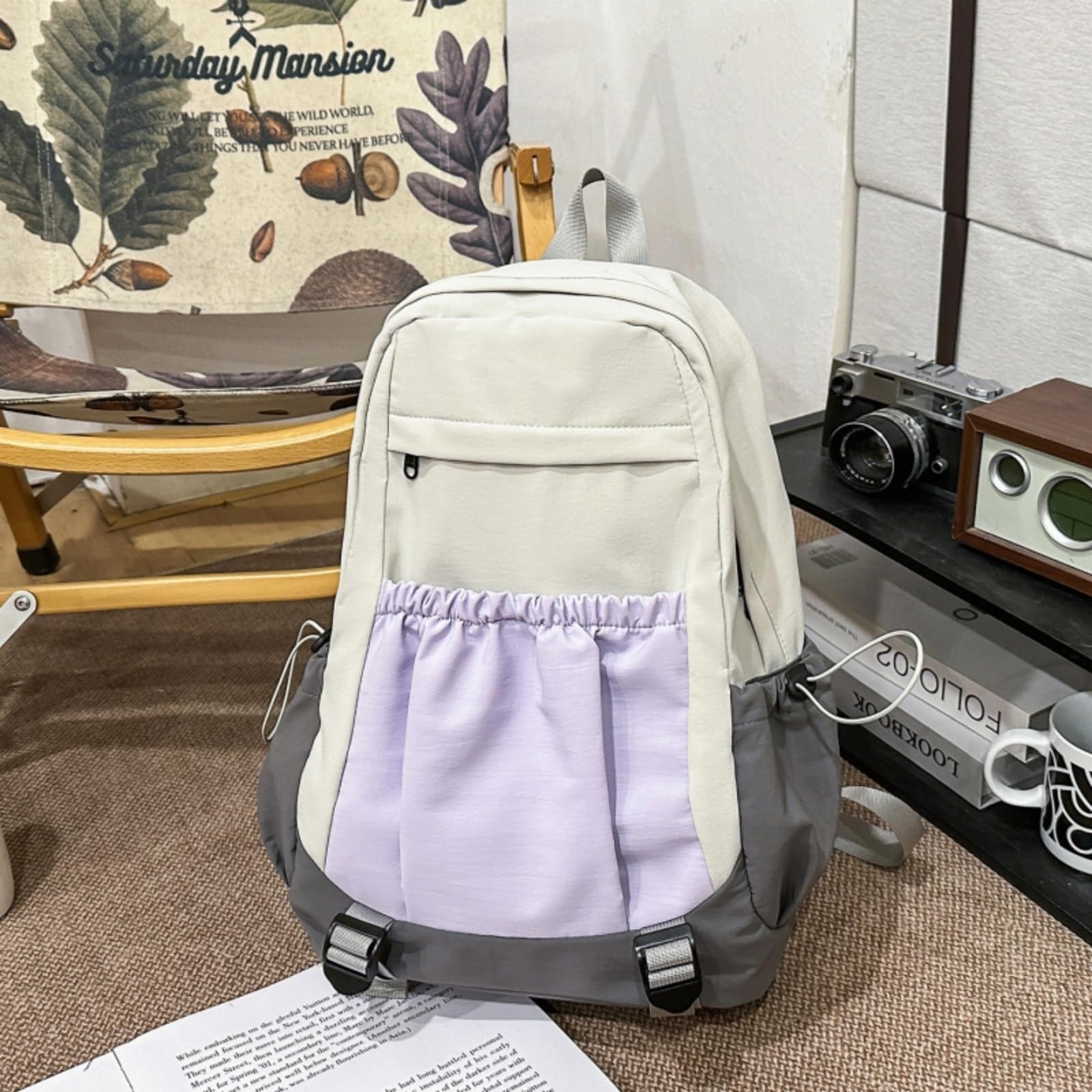 Zaino Color-Block Nylon Student Casual College-Style di Viaggio Elegante per Le Donne