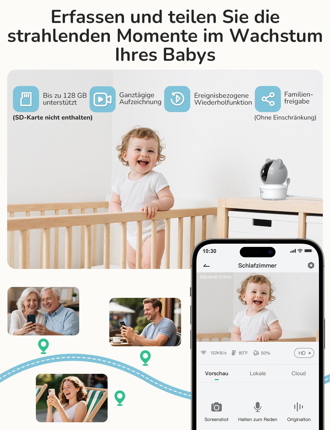 GHB Babyphone mit Kamera App WiFi 2K IPS 5 Zoll WLAN Babyphone PTZ 350°/65° VOX Bewegungs-/Geräusch-/Weinerkennung Nachtsicht 4 Zoom Nachtsich