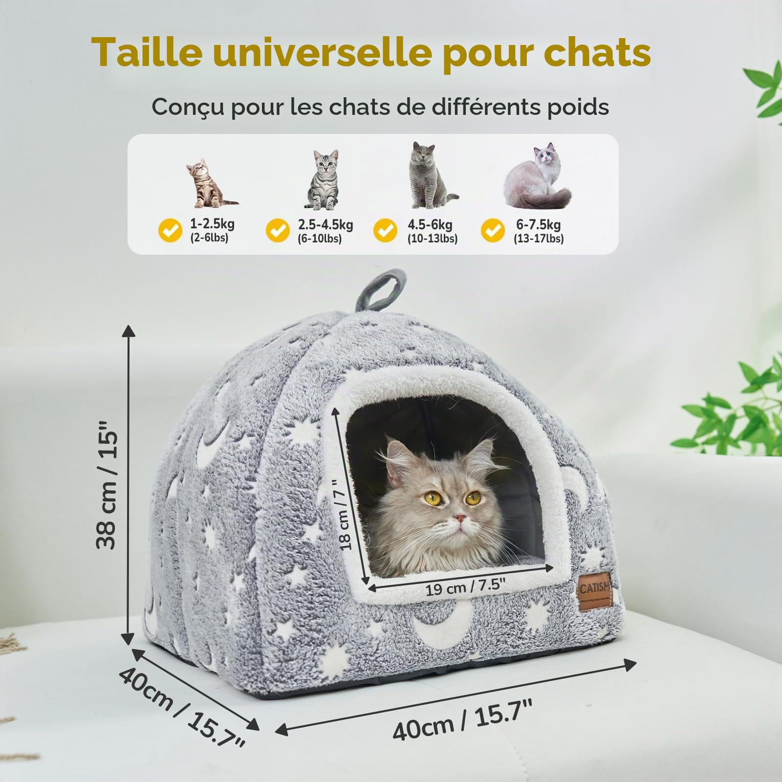 CATISM Lit pour Chat Phosphorescent - Lumineuse Niche pour Chat d’intérieur, Pliable Lavable Maison Chats avec Coussin Amovible, Fond Antidérapant, 40 x 40 x 38 cm