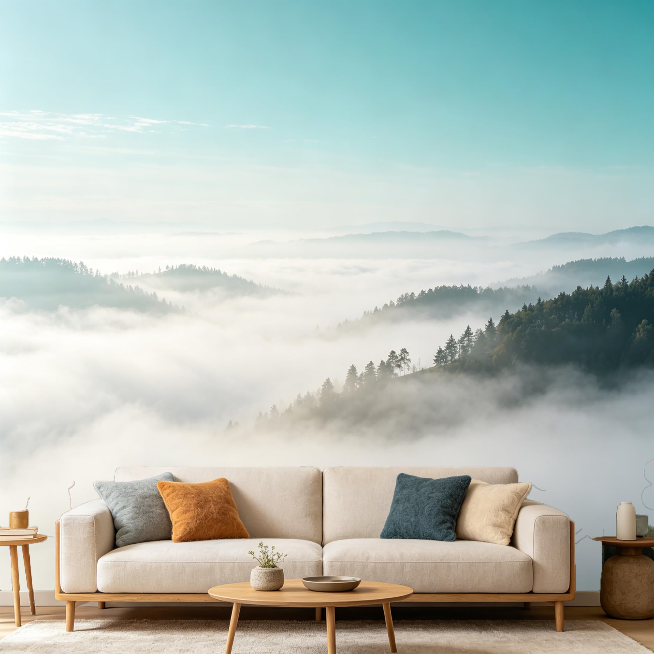 Custom Size Wall Mural Misty Mountain Landscape Foggy Forest Morning Nature Scenery SelfAdhesive Art Prints wall Fabric（No PVC） Removable Wallpaper Home Bedroom Decor