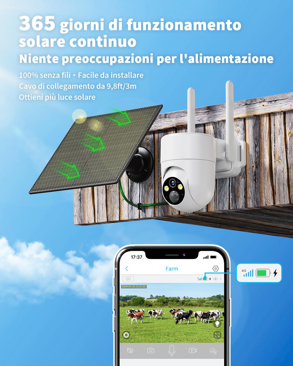 SEHMUA 4G LTE Telecamera Esterno senza Fili, Telecamera con SIM, 2K 360° PTZ Videocamera Sorveglianza senza wifi con Pannello Solare e Batterie, Visione Notturna, PIR Rilevamento, IP66