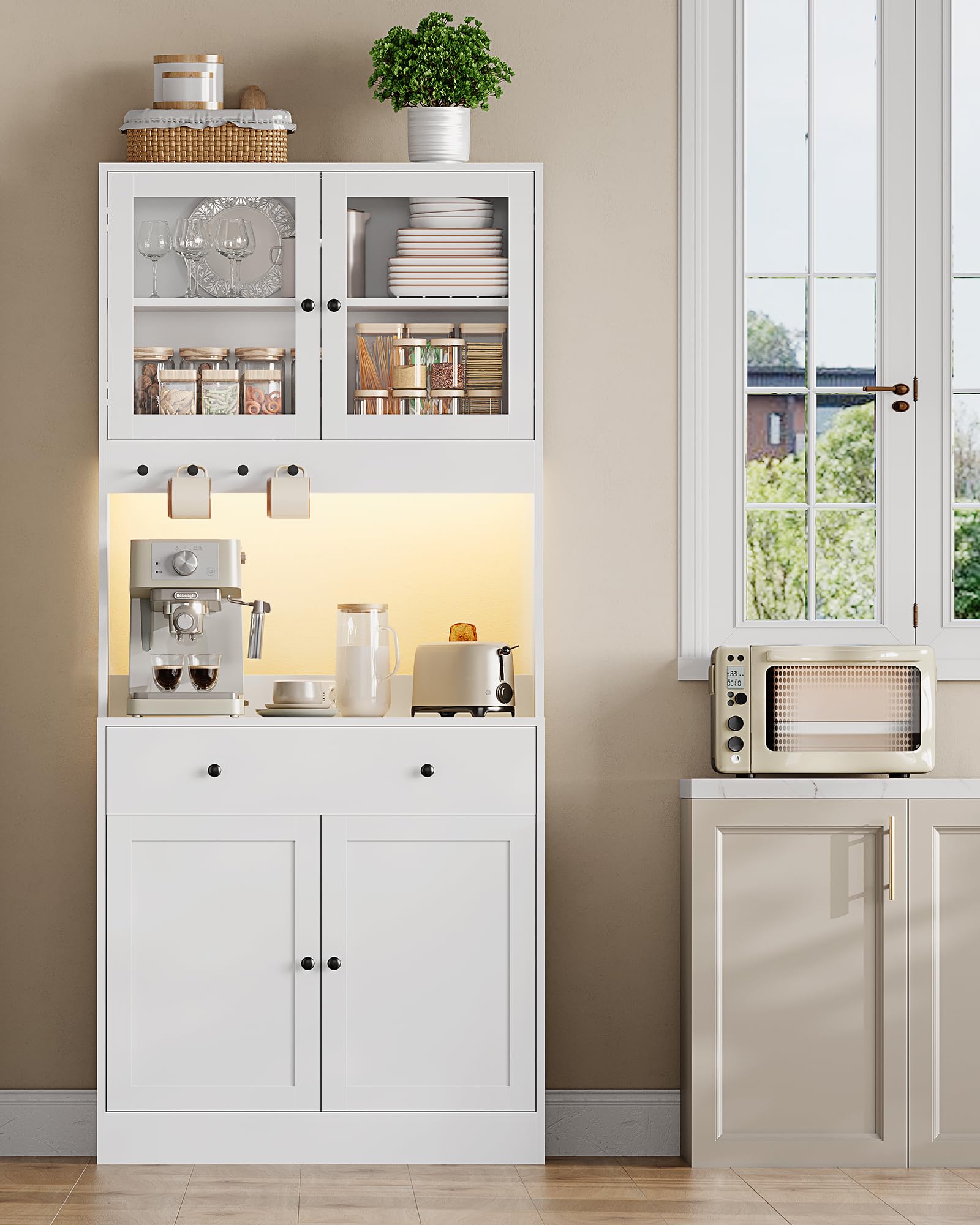KIMENICH Credenza, Credenza Cucina con LED, Presa Elettrica, Ripiani Regolabili, Mobile Buffet con Cassetti, Armadio da cucina, Piano di Lavoro, Cucina, Sala da Pranzo, 80 * 40 * 180 cm, Bianca