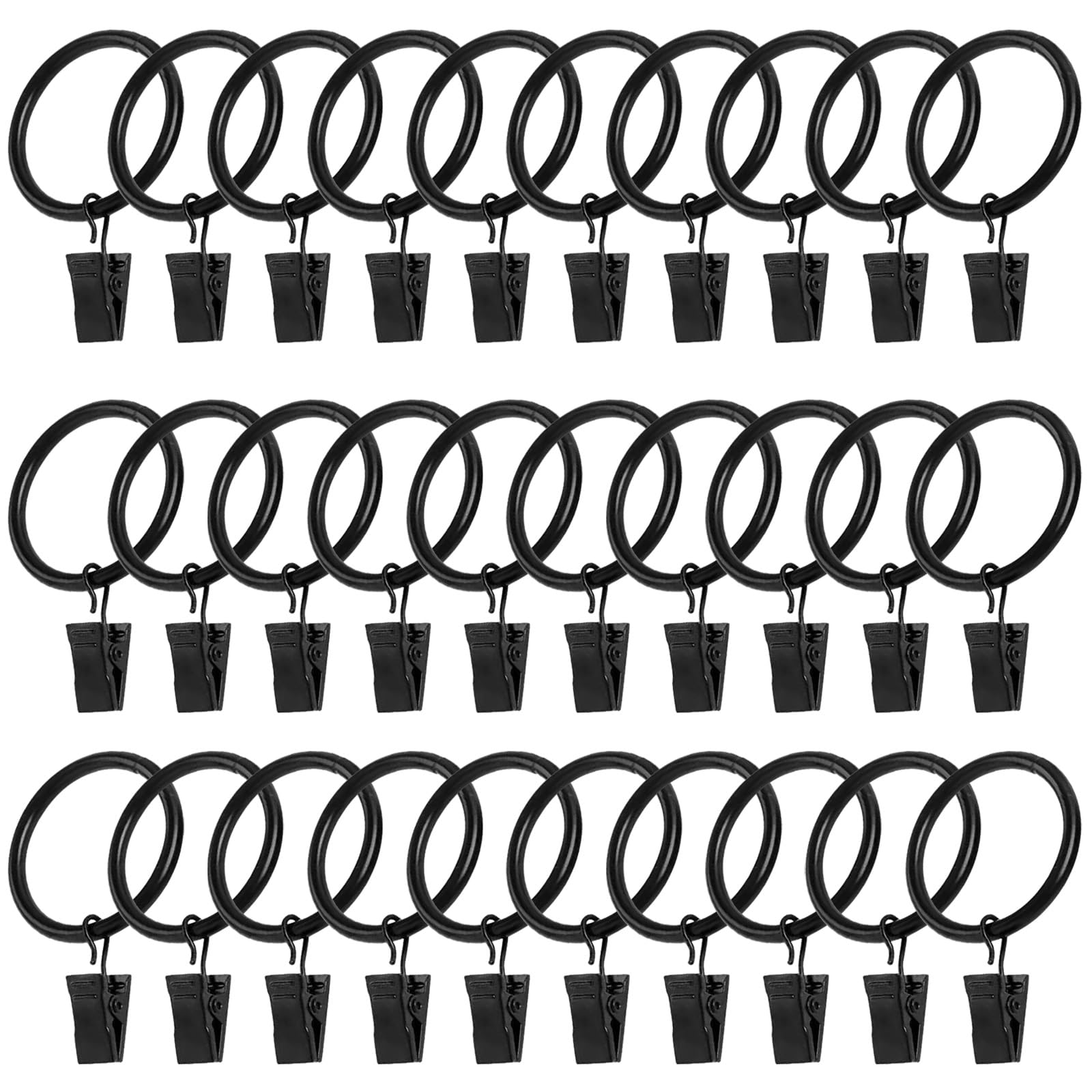30PCS Black Curtain Rod Ring Clips, Curtain Rings With Clips, Rustproof Metal Drapery Ring with Hook