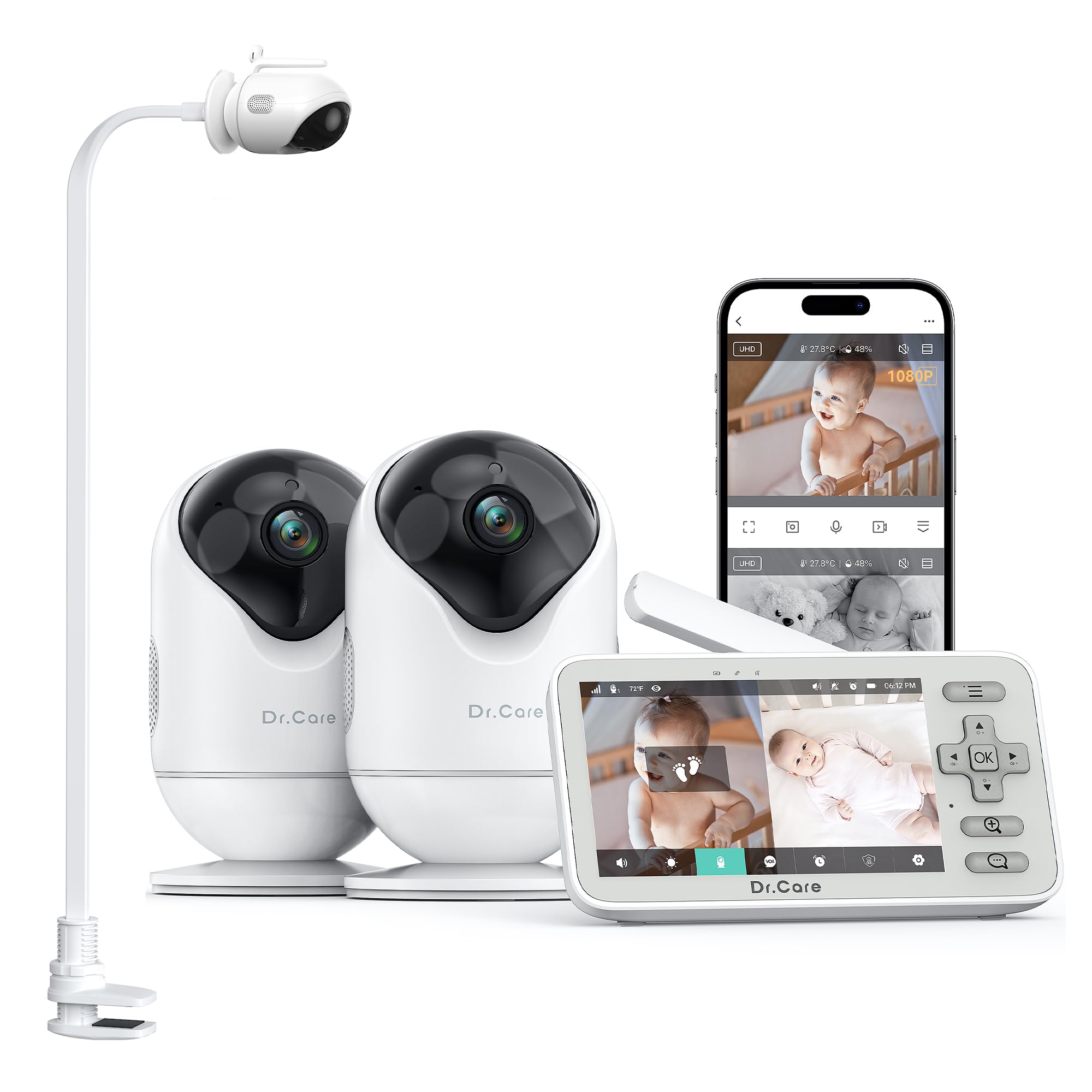 Dr.Care VistaView Lite Baby WiFi Surveillance Camera 4 Inch 720P Split Screen & 1080P Camera, Night Vision, Motion Alerts (4" Monitor with 2 Cameras + 1 Clip Holder)