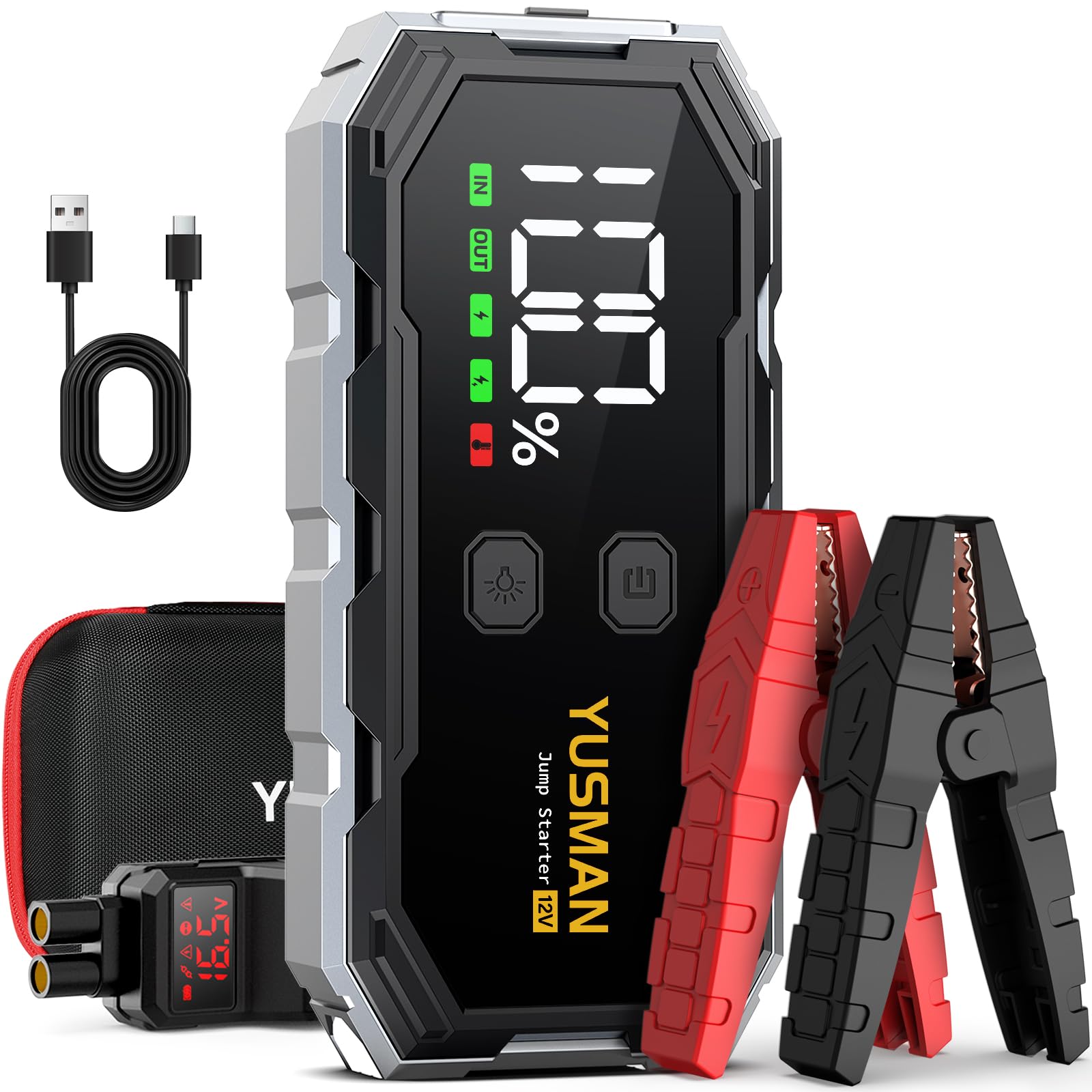 YUSMAN Starthilfe Powerbank 6000A,Starthilfe Powerbank für pkw 12V(alle Autos oder 10.0L Dieselfahrzeuge),Auto Starthilfe Powerbank mit LCD Display und Unterstützt 4 LED-Lichtmodi,Schnellladung