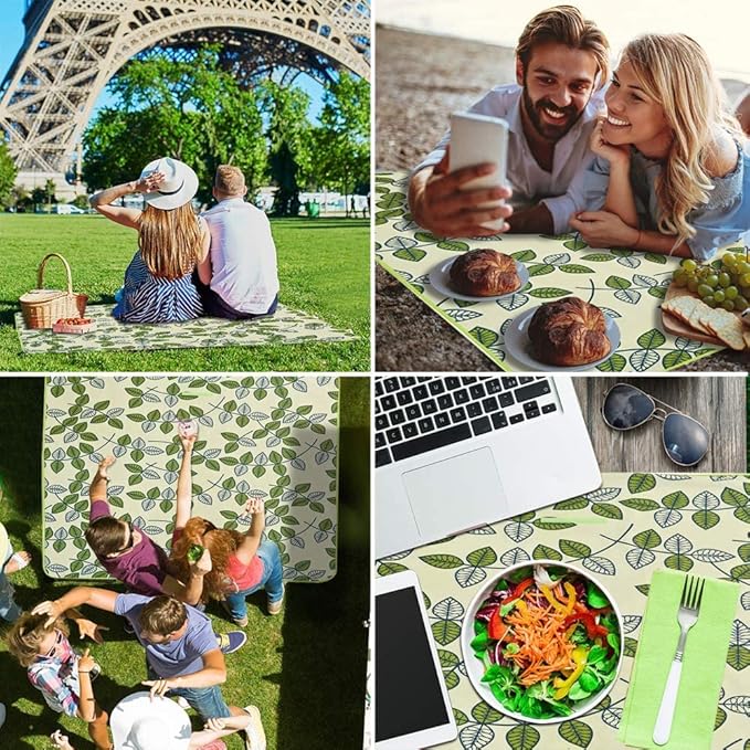 BIPASION Picnic Blankets, 77"x79" Outdoor Waterproof Picnic Mat, Extra Large Camping Blanket Foldable Sandproof Beach Mat Portable Floor Mat for Camping Hiking Travel Park, Green Leaf