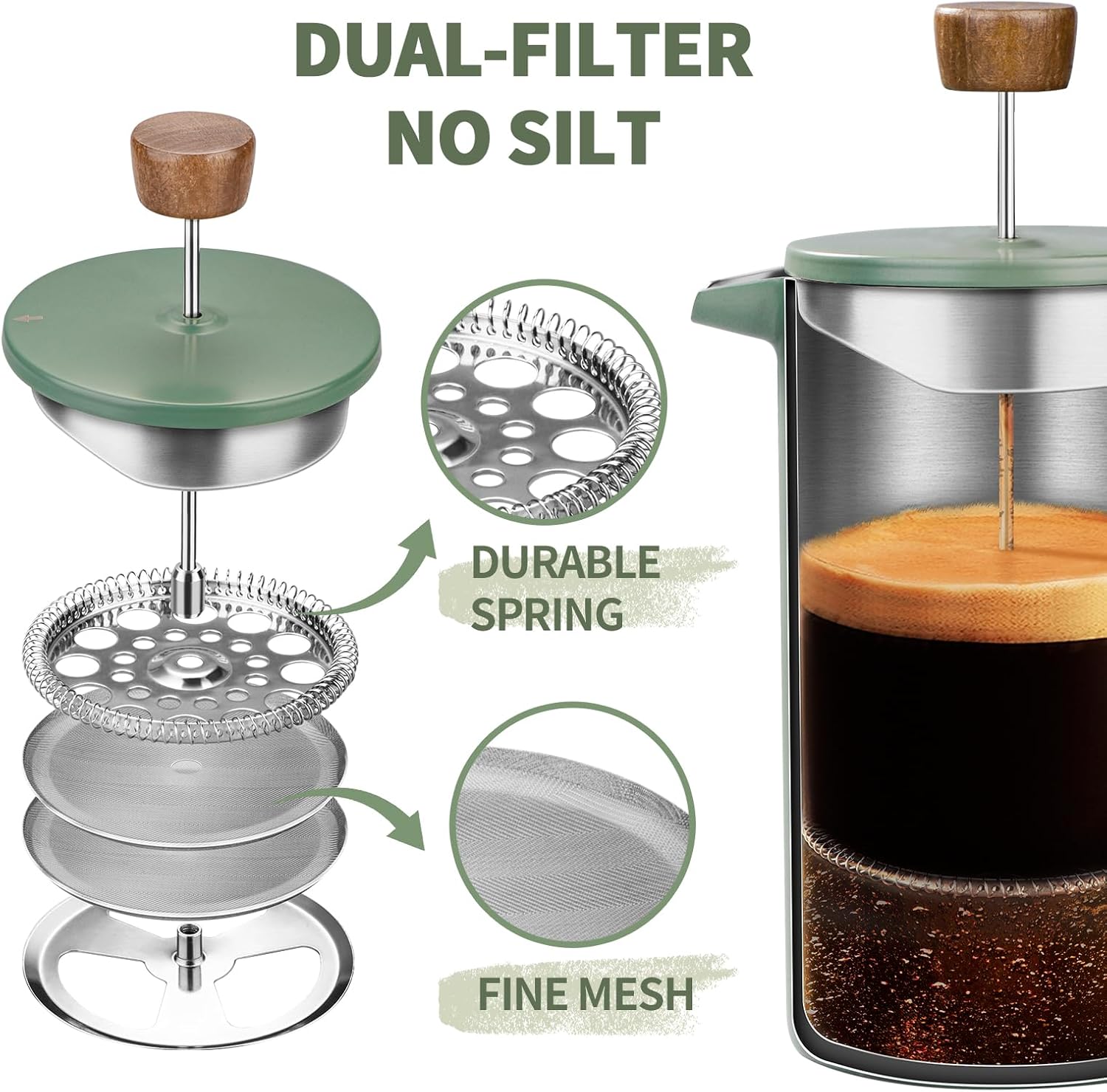 French Press Coffee Maker, 34oz Stainless Steel Green Coffee Press Real Wood Handle, Double Wall Insulated French Coffee Press with Dual-Filter Screen, Perfect for Camping & Kitchen Use