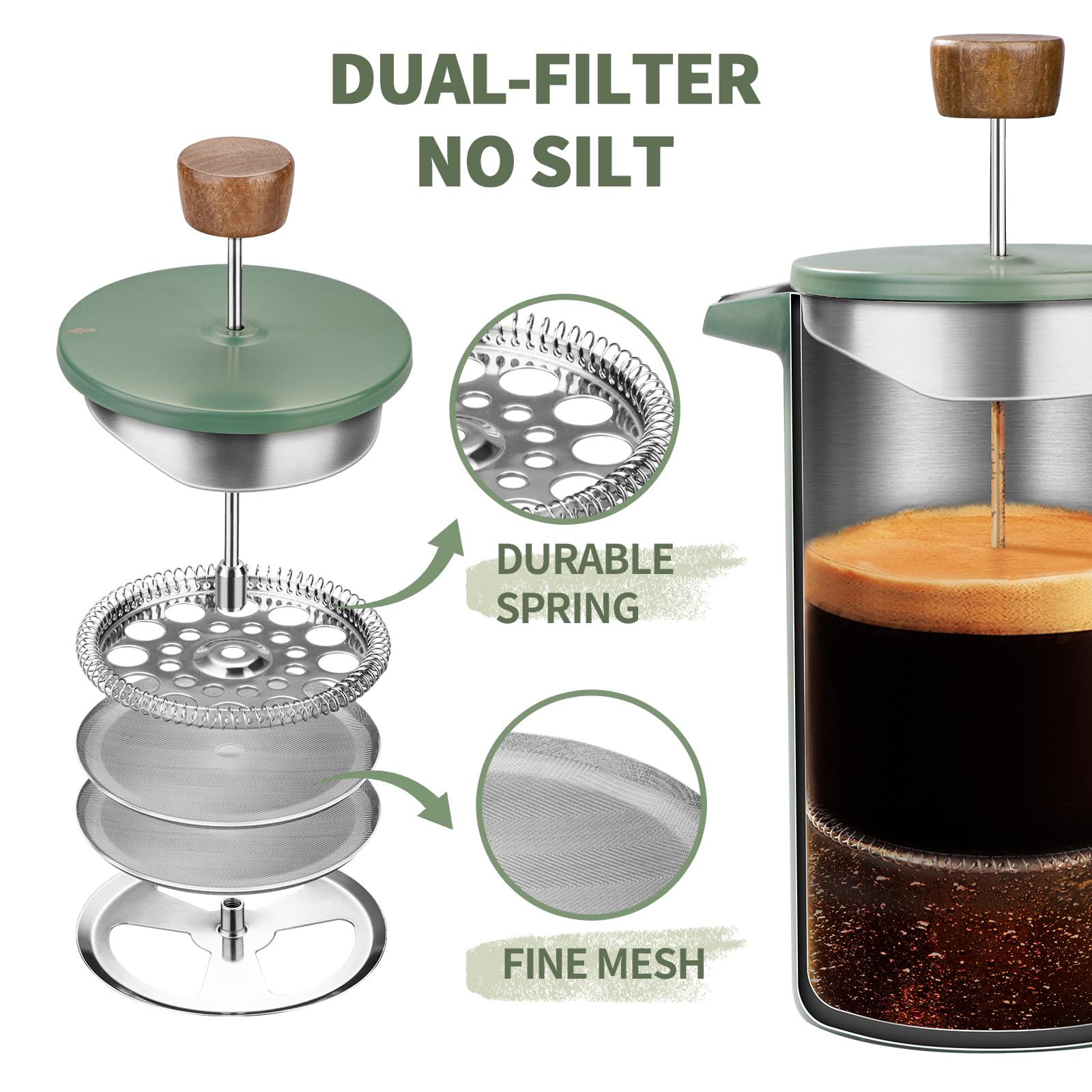 Cafetera de prensa francesa, prensa de café verde de acero inoxidable de 34 onzas, mango de madera real, prensa de café francesa aislada de doble pared con pantalla de doble filtro, perfecta