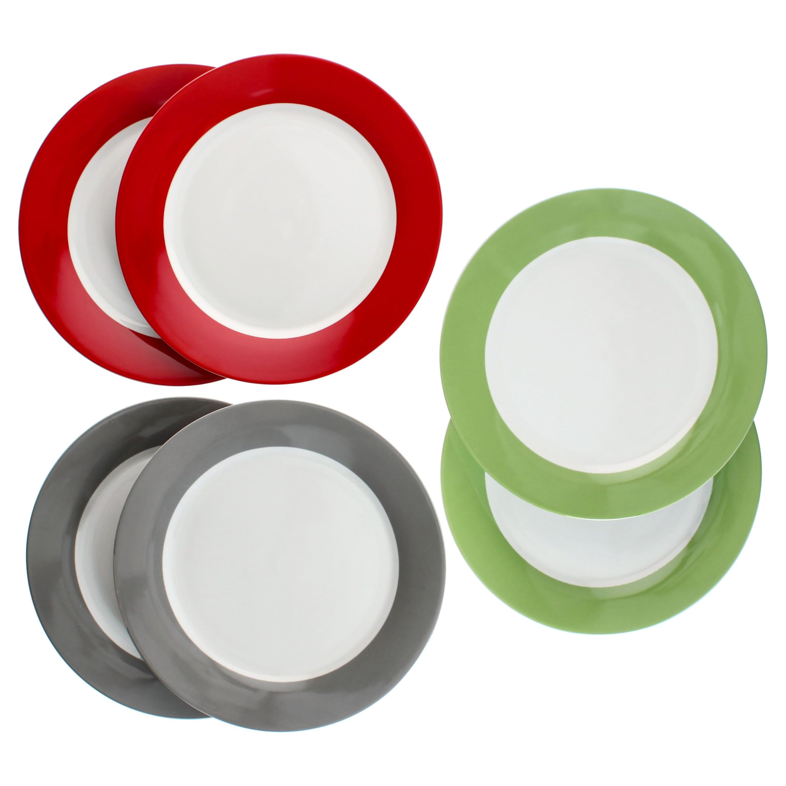MamboCat Lot de 6 assiettes plates Variant Trio - En porcelaine colorée pour 6 personnes - Vert, rouge et gris - Grandes assiettes pour les repas principaux au petit-déjeuner, au déjeuner, au café et