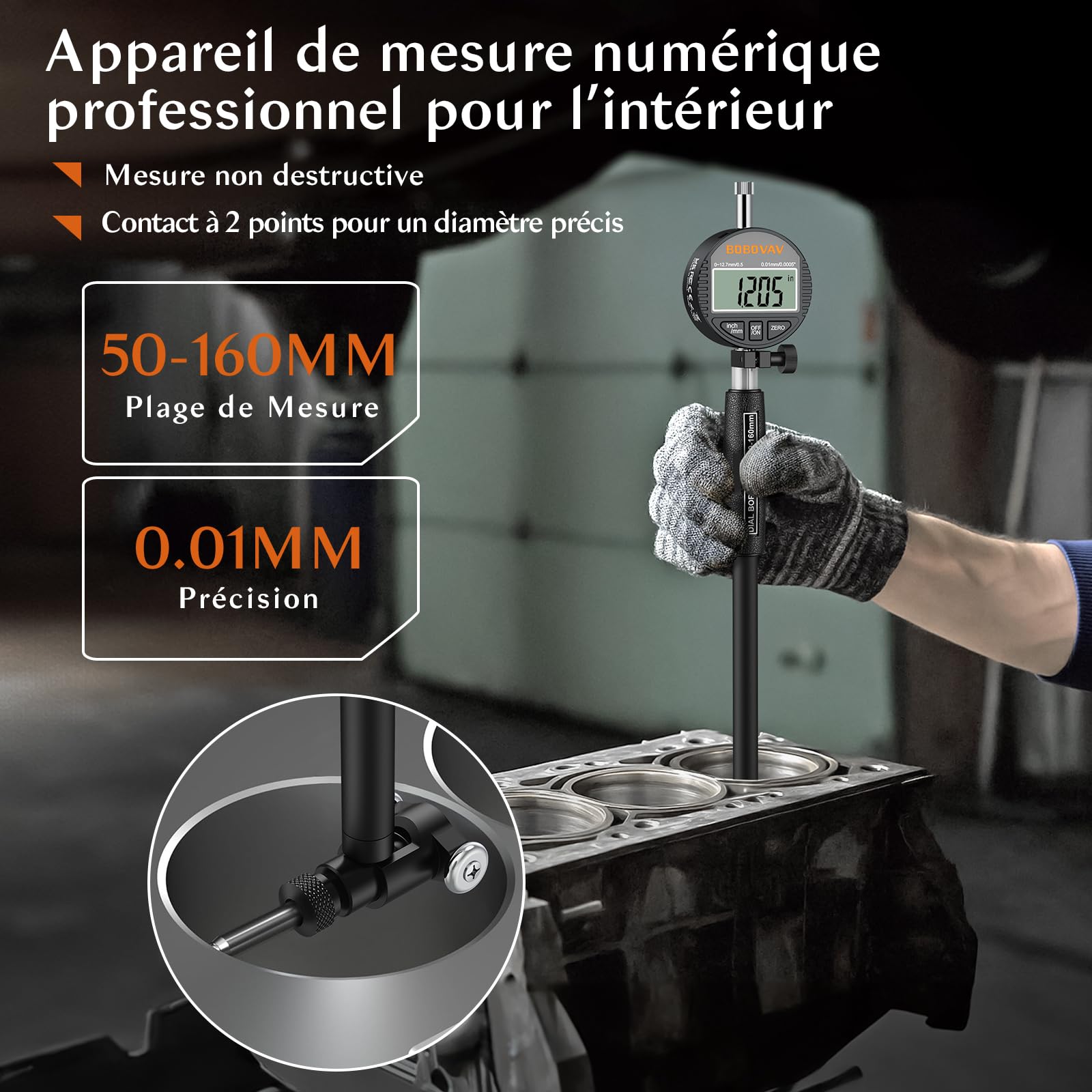 50-160 mm Jauge d'Alésage Numérique 0.01mm Jeu de jauges à cadran pour cylindres Comparateur de Précision avec 12,7mm Indicateur de Cadran 22 Tailles Têtes de Mesure