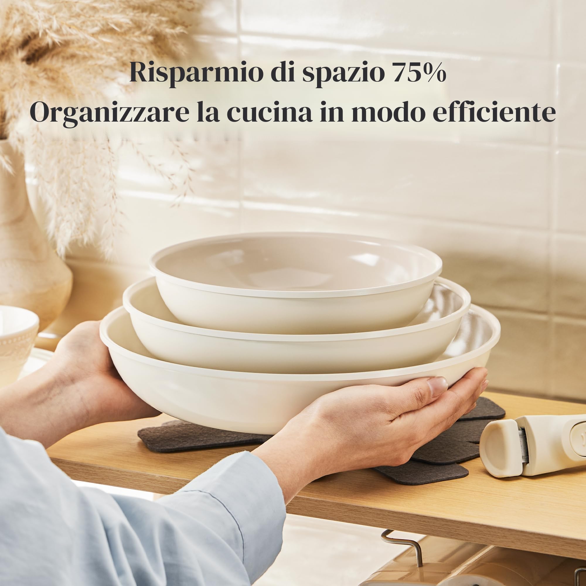 Redchef Set di Padelle con Manico Rimovibile, Padella in Ceramica con Antiaderente in Granito, Adatto All’Induzione, Padella 20, 24, 28 cm, Salvaspazio, Senza Ptfe & Pfoa & Pfas, Beige