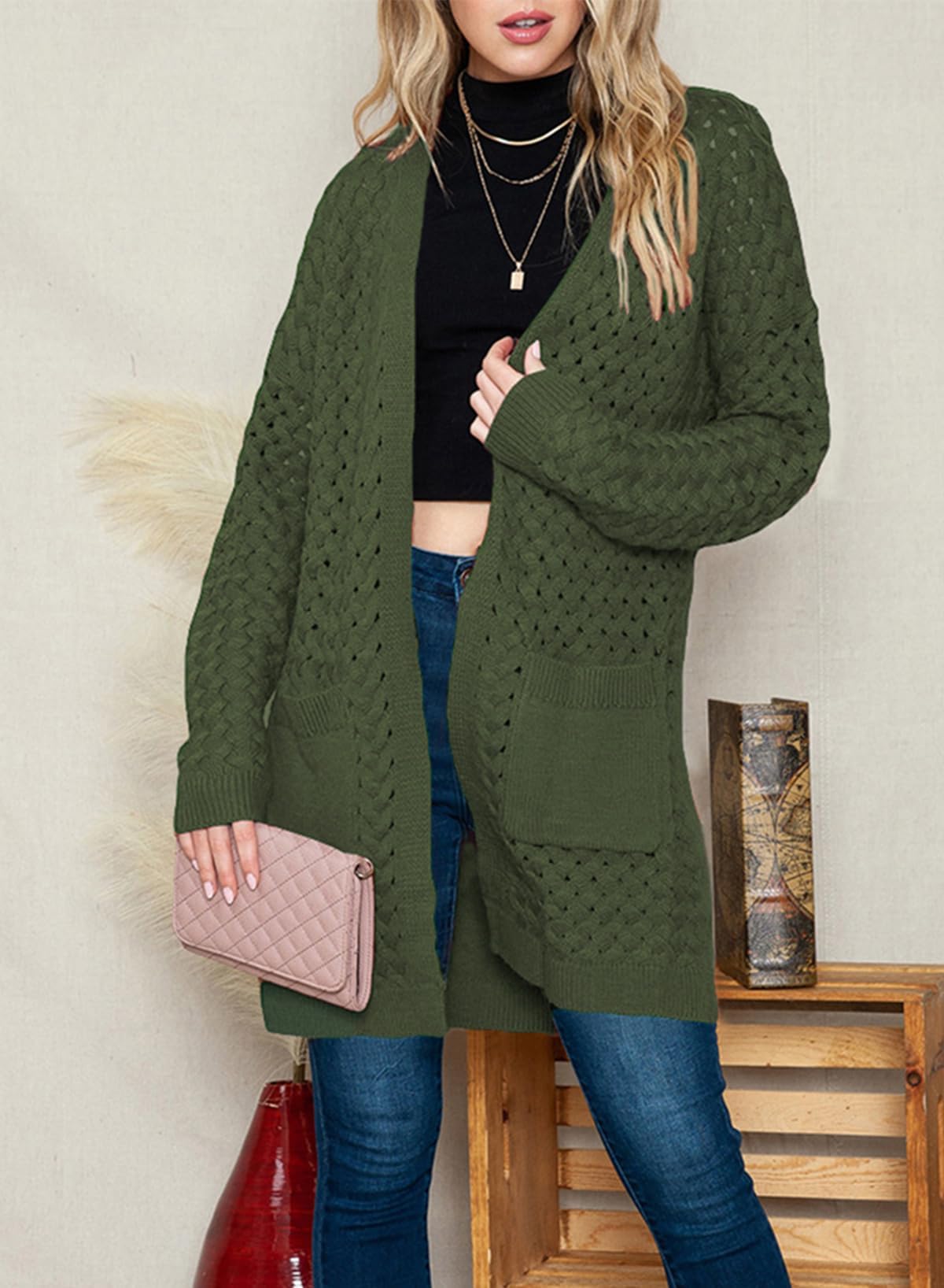Chaqueta larga de punto para mujer, chaqueta de punto frontal abierta, abrigo con bolsillos, ropa exterior holgada informal para uso diario, verde, S