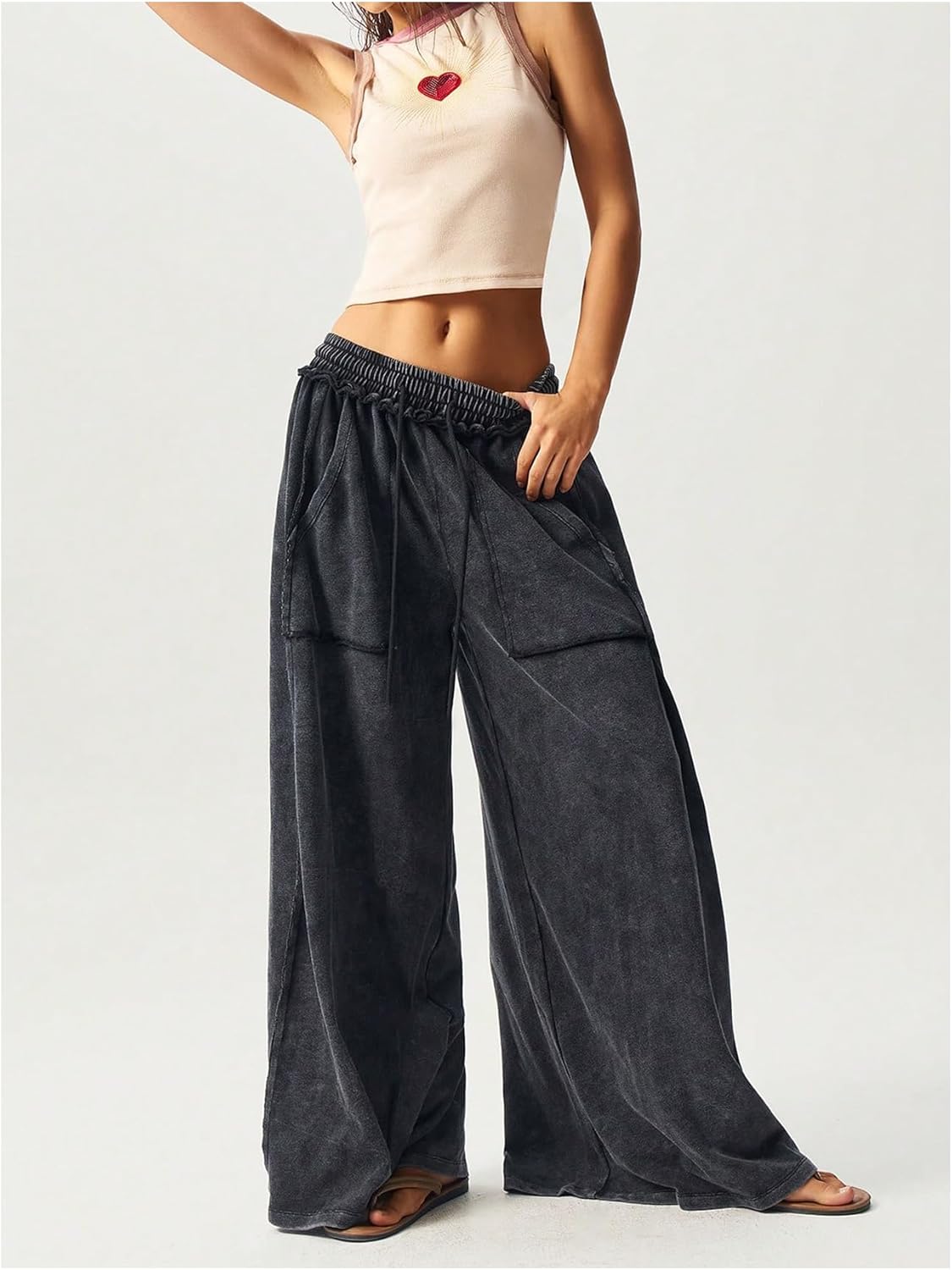 SOLY HUX Women's Wide Leg Baggy Sweatpants Acid Wash Drawstring Elastic Waist Palazzo Long Pants with Pockets - Image 5