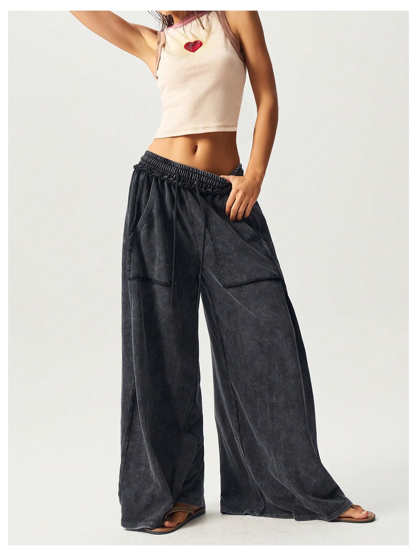 SOLY HUX Women's Wide Leg Baggy Sweatpants Acid Wash Drawstring Elastic Waist Palazzo Long Pants with Pockets