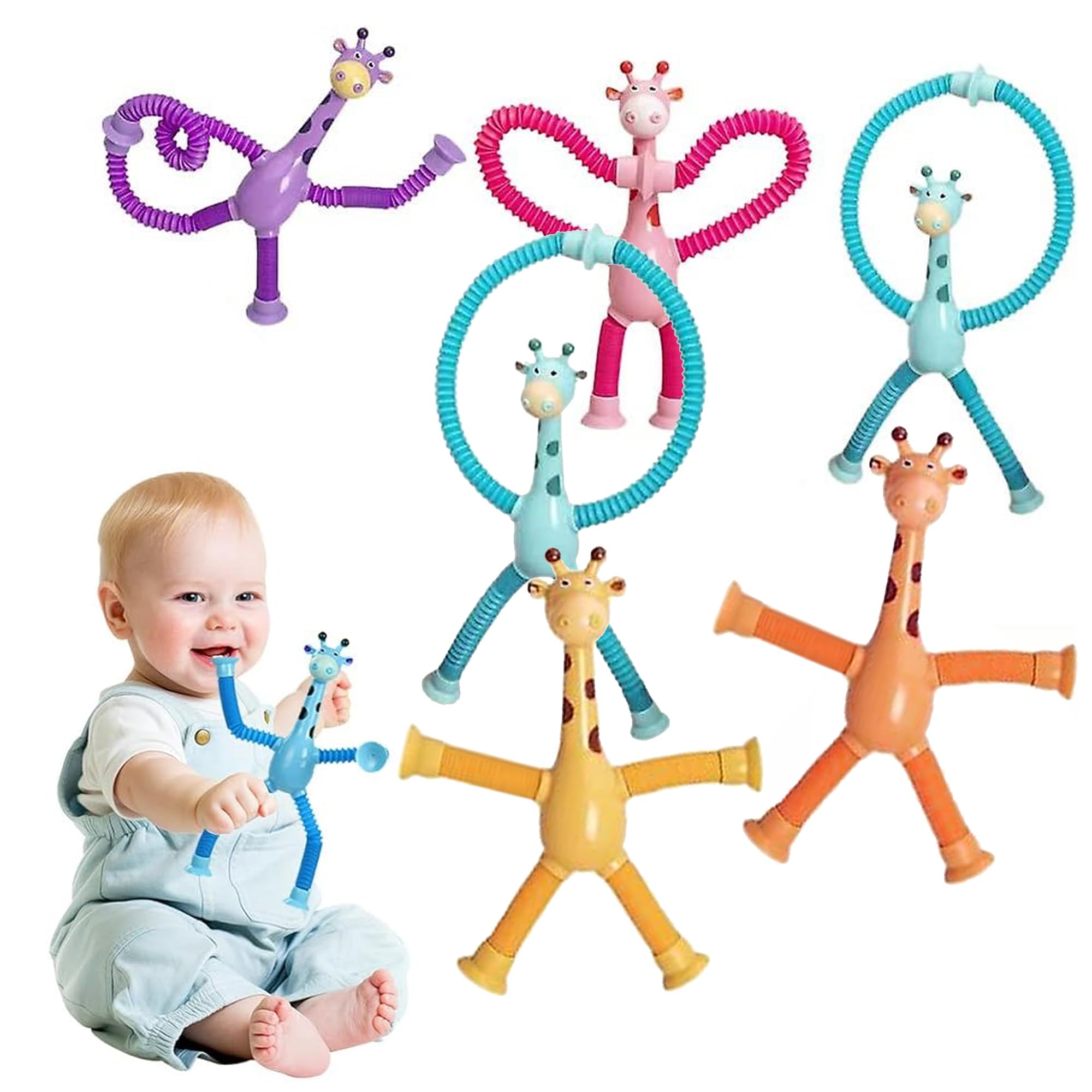 Telescopic Suction Cup Giraffe Toy for Babies 6+ Months, LED Telescopic Pipe with Suction Cup, Shape-Changing Stretch Tube, Parent-Child Interactive Toy Random Colors (Set of 6)