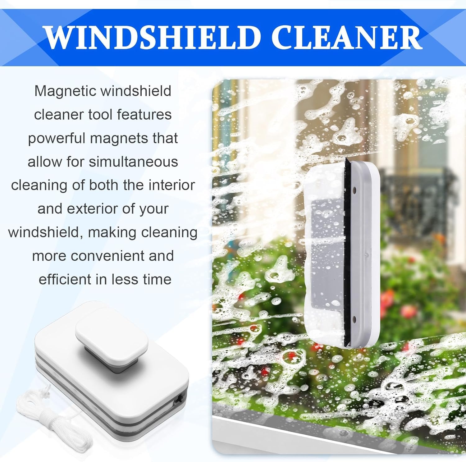 FLOITTUY Magnetic Windshield Cleaner Tool Magnetic Car Window Cleaner Double Sided Window Cleaner Glass Wiper Magnetic Windshield Cleaner for High Rise with Anti Falling Rope(Rectangle) 4