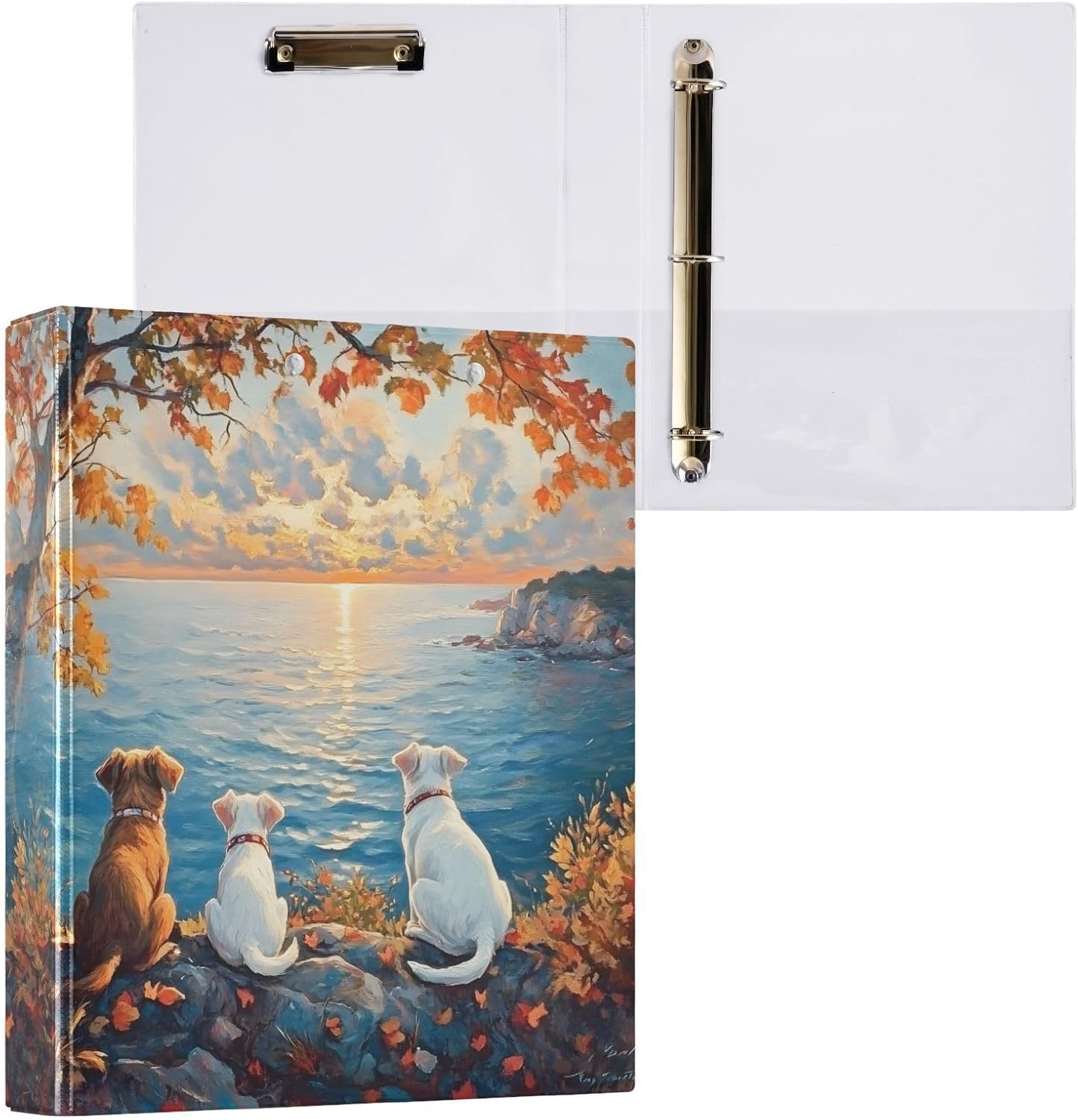 3 Ring Binder Funny Three Dogs Sunset 1.5 inch Binders Three Ring Binders with Clipboard Fit 8.5'' x 11'' Paper 3 Interior PVC Clear Pockets for Office Supplies