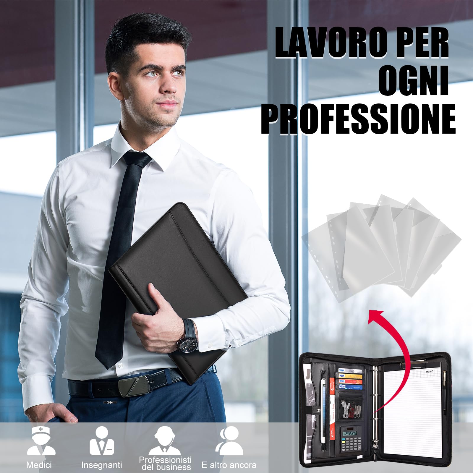 Leathario Cartella portadocumenti A4 pelle vegana organizer con cerniera Nero