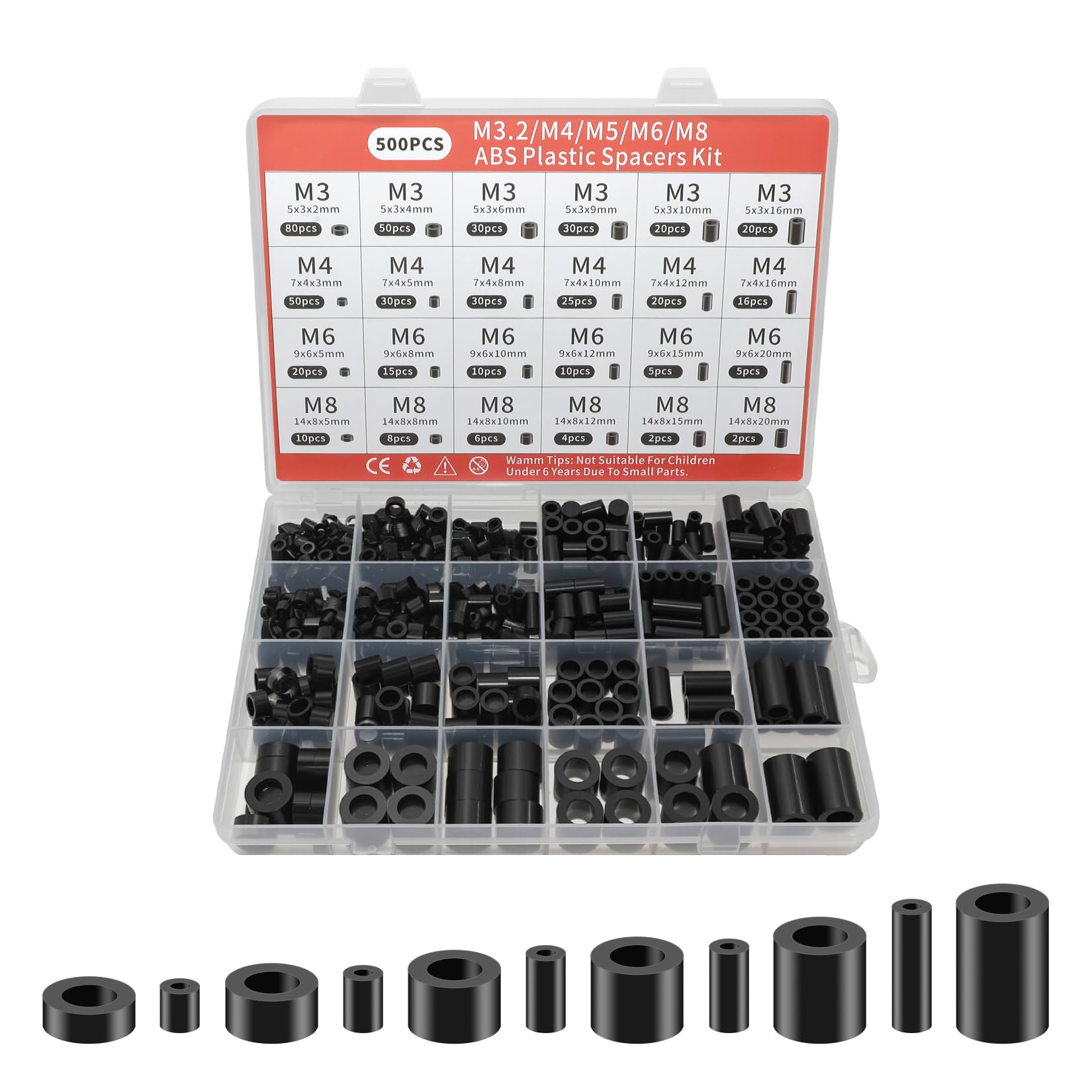 500 Pcs Nylon Plastic Spacers & Rubber Washers Assortment Kit, 24 Sizes M8 M6 M4 M3 Curtain Spacers, Non-Threaded Column Standoff Support Insulation Spacers Washers