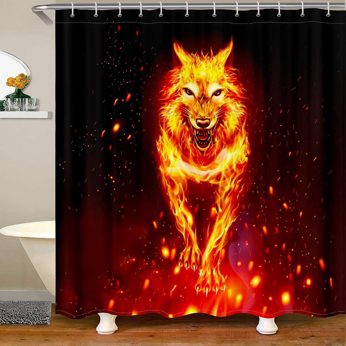 3D Wolf Waterproof Shower Curtain Couple Howling Wolf Bathroom Shower Curtain Kids Boys Girls Burning Safari Animal Shower Curtain with Hooks Wildlife Decor Curtains,180x210cm — image 1