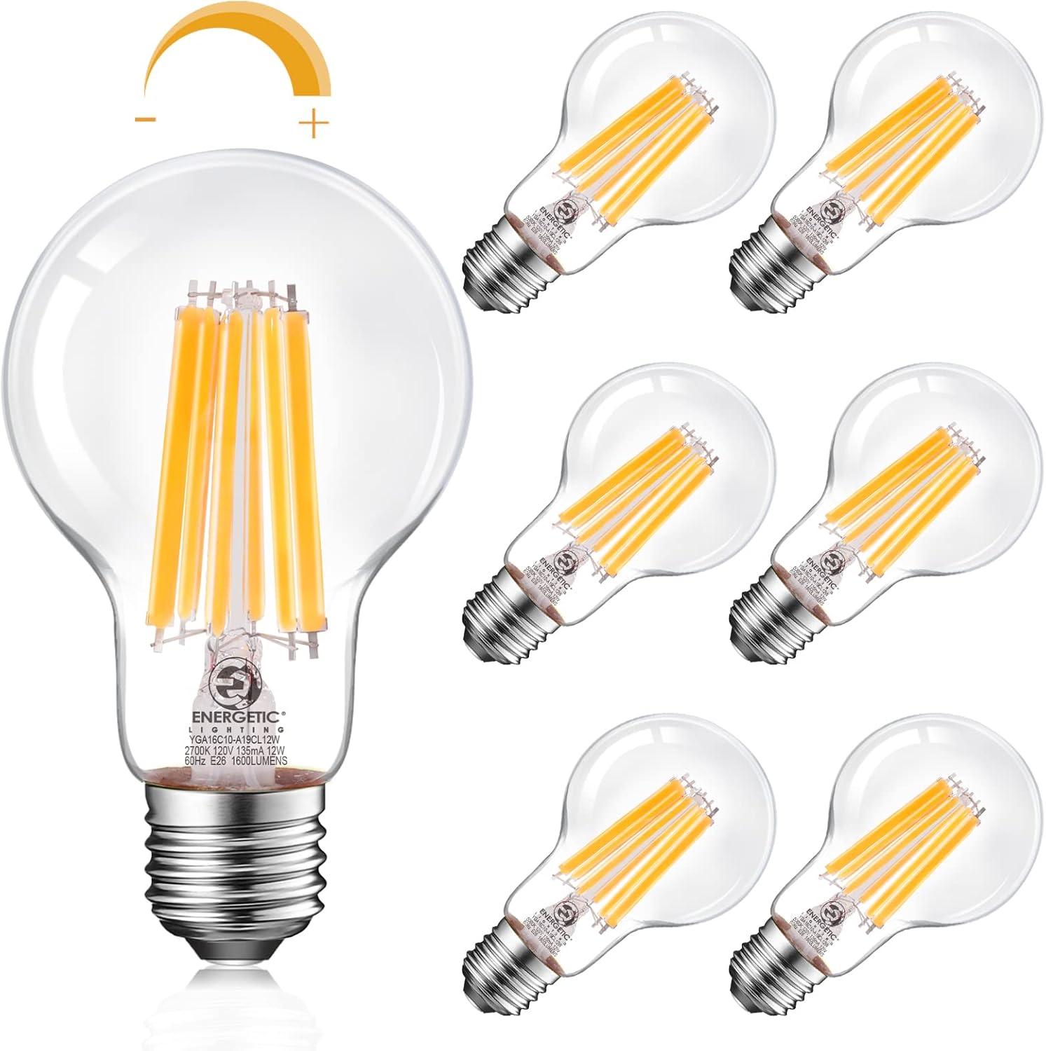 Energetic - Bombilla LED Edison A19 regulable, equivalente a 12 W, 100 W, 1600 lm de alto brillo, 2700 K blanco suave, bombilla de filamento LED