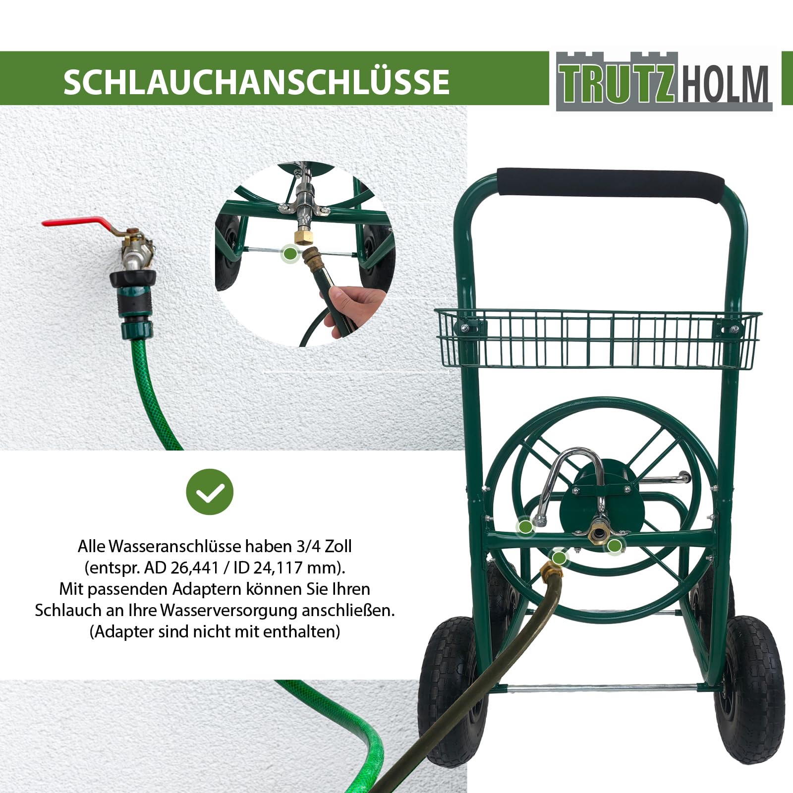 TRUTZHOLM Schlauchwagen Premium 4 Vollgummiräder, 92 x 57 x 78, pulverlackierter Stahl, für 80 m Gartenschlauch, Anschluß 3/4", adaptierbar auf 1/2 Zoll, Gartentrommel Schlauchabroller Schlauchhalter