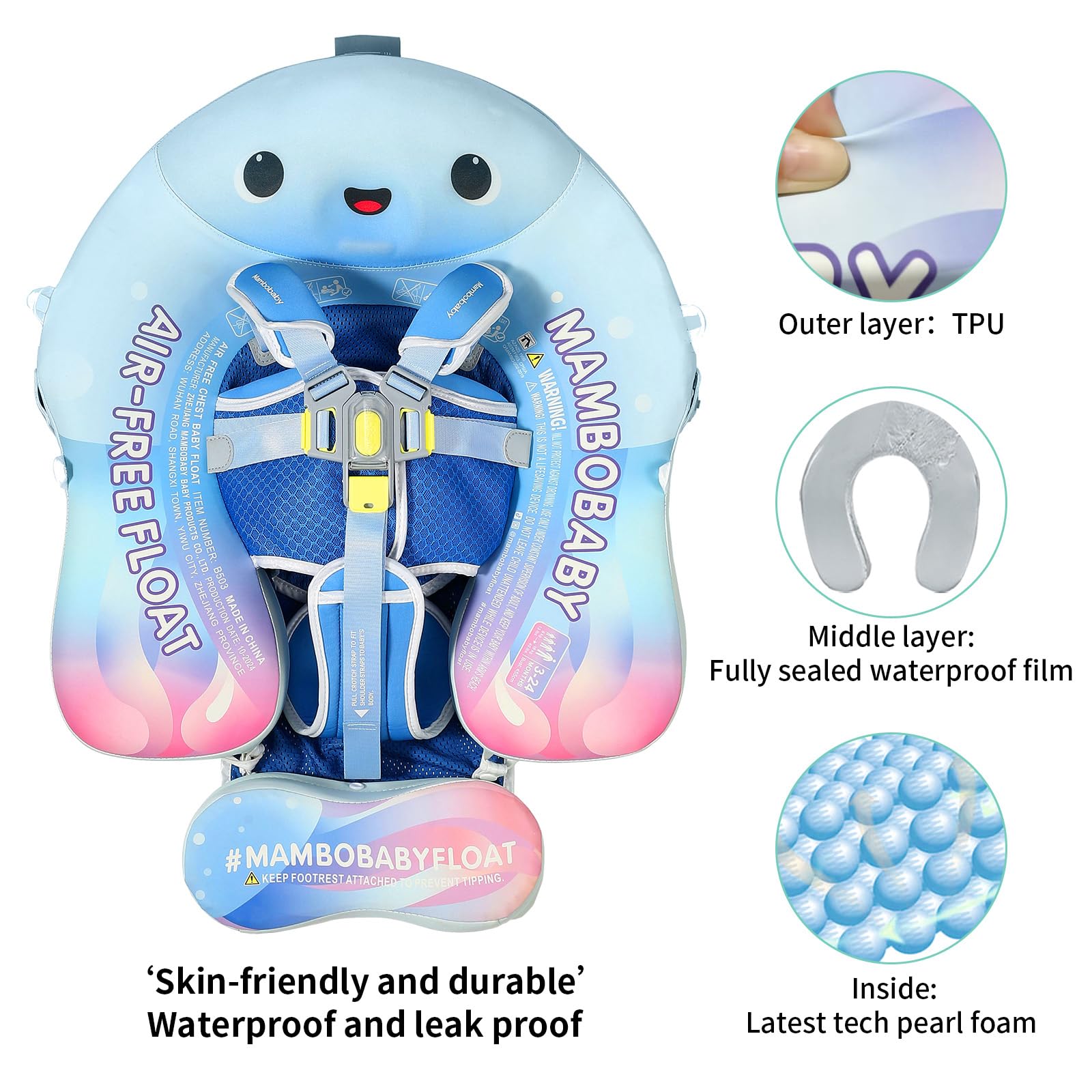 Mambobaby Float with Canopy Skin-Friendly Baby Swim Float with Tail Waterproof Non-Inflatable Mambo Float Smart Swim Trainer Soft Solid Infant Pool Float 3-24 Months Baby Swim Ring