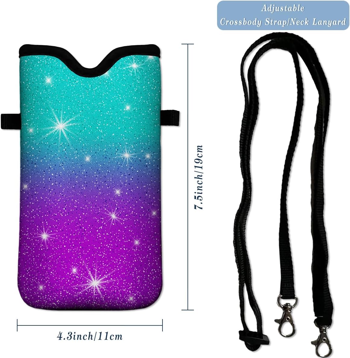 Neoprene Cell Phone Pouch 7.5 X 4.3 in Cloth Mobile Protection Case Bag with Crossbody Strap Neck Lanyard Cell Phone Case Teal Purple Glitter - Image 4