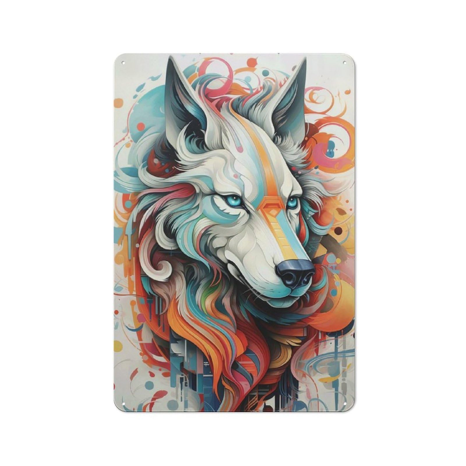 Colorful Abstract Wolf Portrait Tin Sign 30x20cm for Living Room Wall, Rustic Wall Decor, for Living Room Decor Lovers