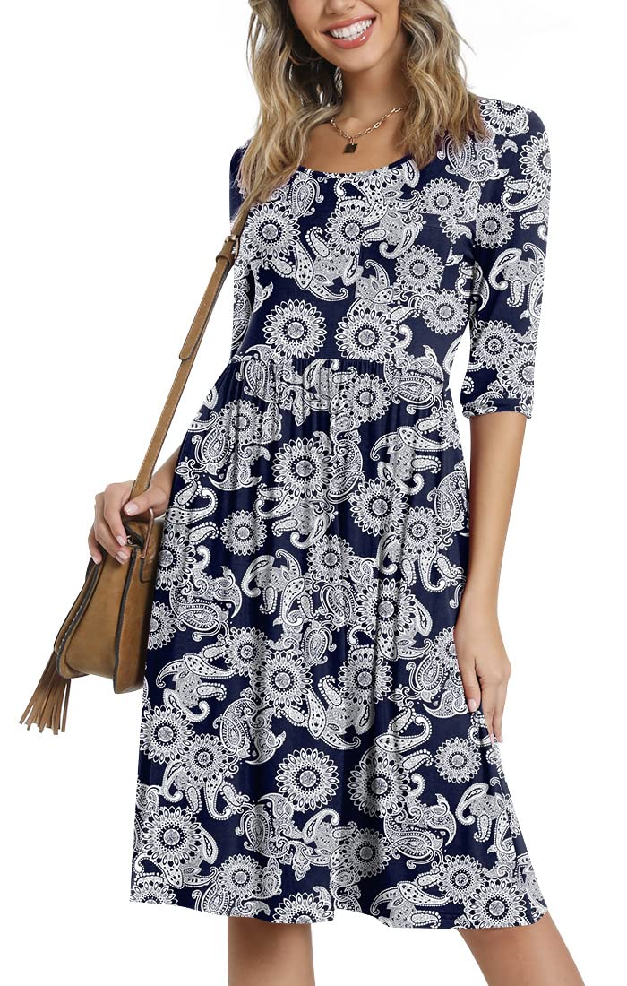 CATHY Women's 3/4 Sleeve 2026 Casual High Waist Round Neck Midi Dress with Pockets