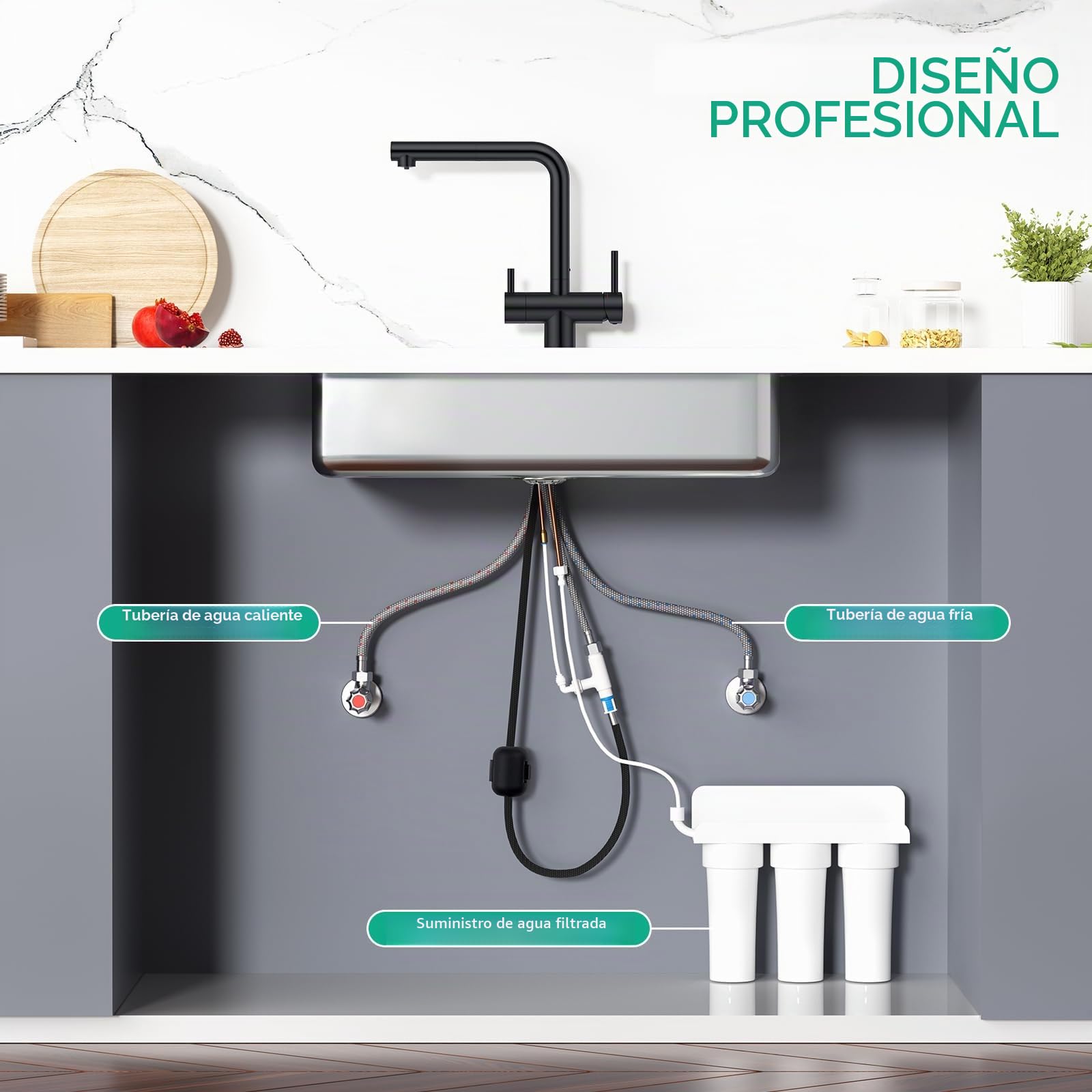 CREA Grifo Negro de Cocina de 3 vías con Ducha extensible, con 2 palancas | 3 en 1 Grifo de Agua Potable Para Cocina, Grifo mezclador de cocina, Grifo de Fregadero de Agua filtrada de ósmosis inversa