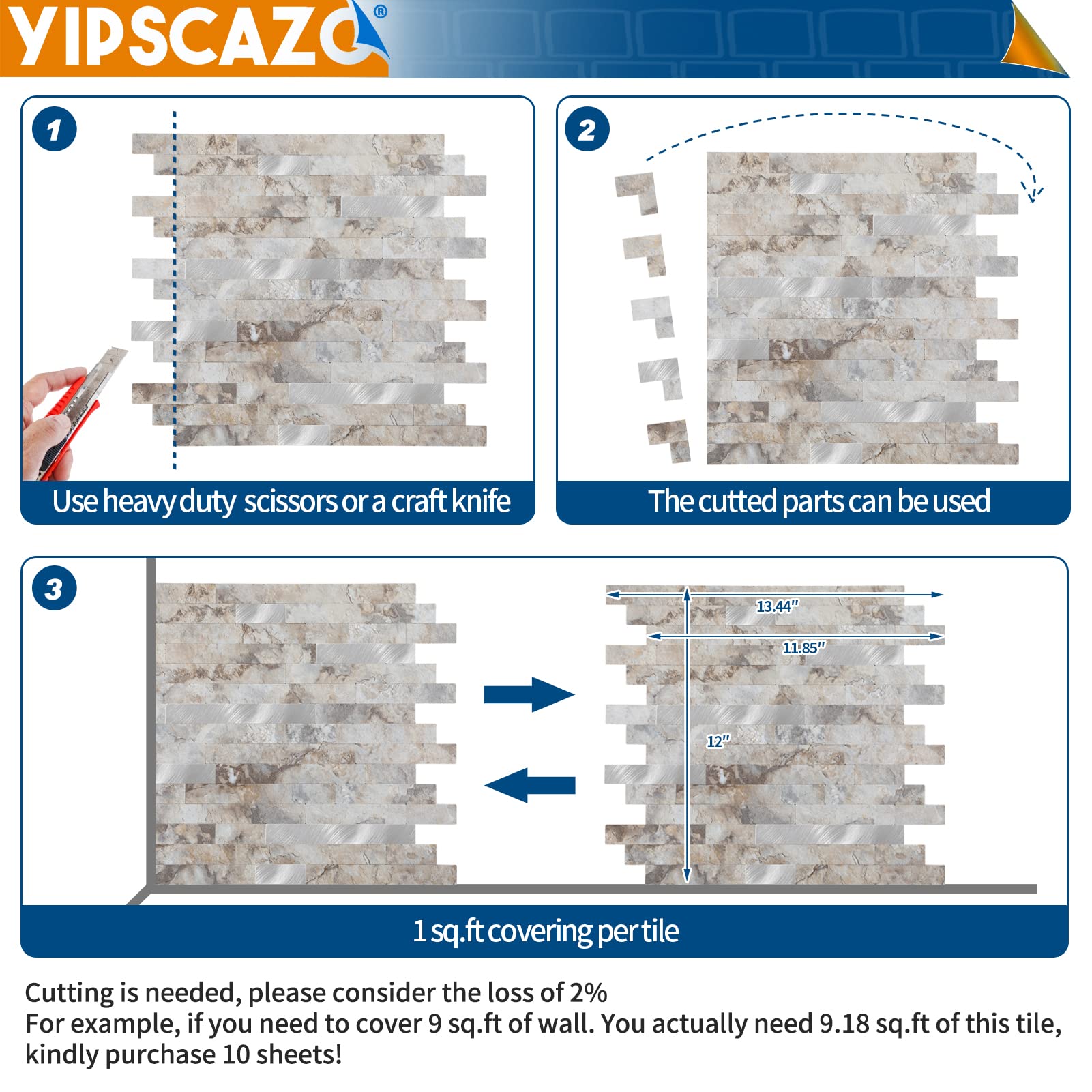 Yipscazo Stacca e attacca piastrelle in metallo con pietra paraspruzzi, piastrelle da attaccare per cucina, bagno, lavanderia, camper, camino (30,5 x 30,5 cm, 10 fogli in Perisa)
