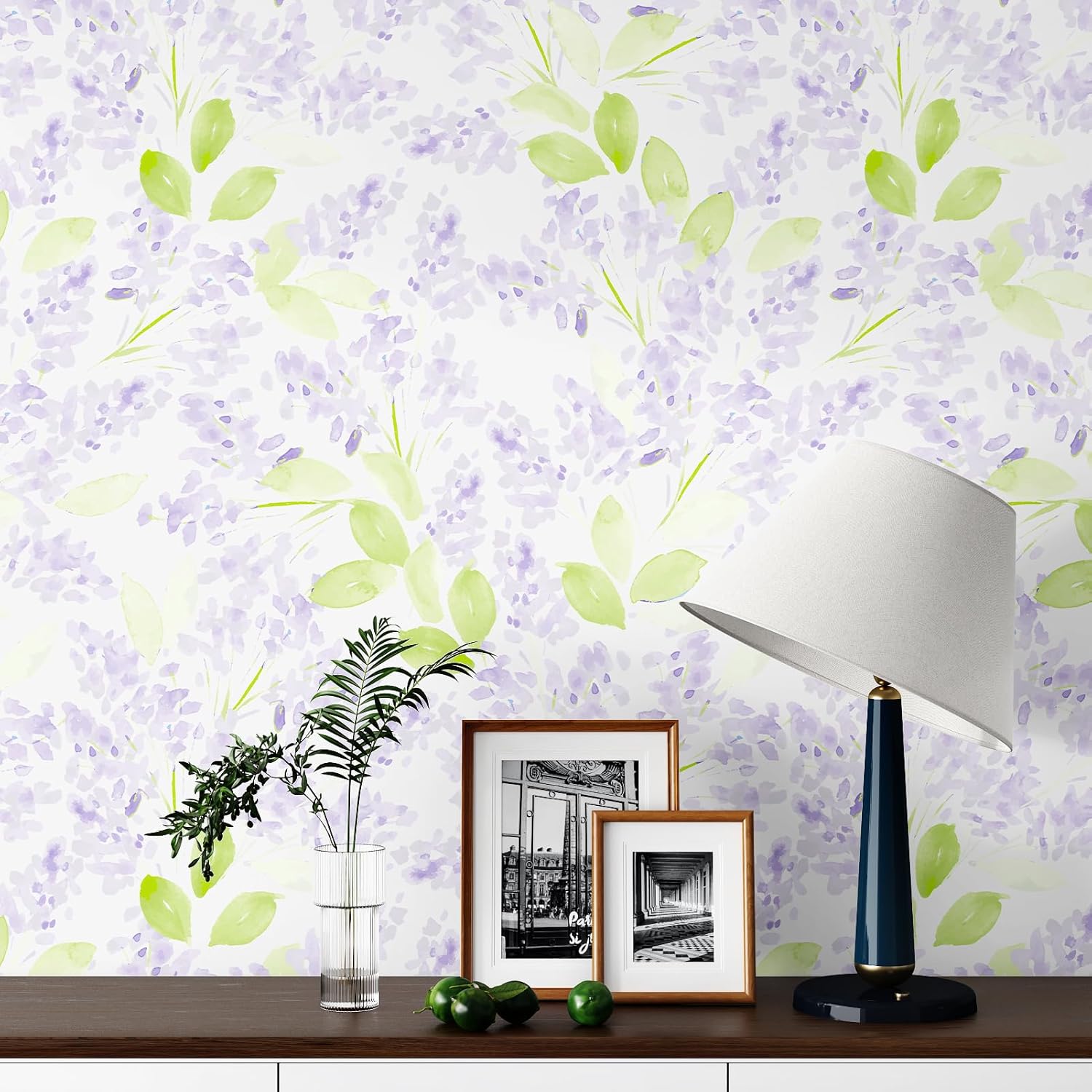 Elegant Boho Peel and Stick Wallpaper Watercolor Green/Purple Lilac Wallpaper for Bathroom Bedroom Walls Removable Self Adhesive Contact Paper for Cabinets and Drawers Shelf Liner 17.5"x102"