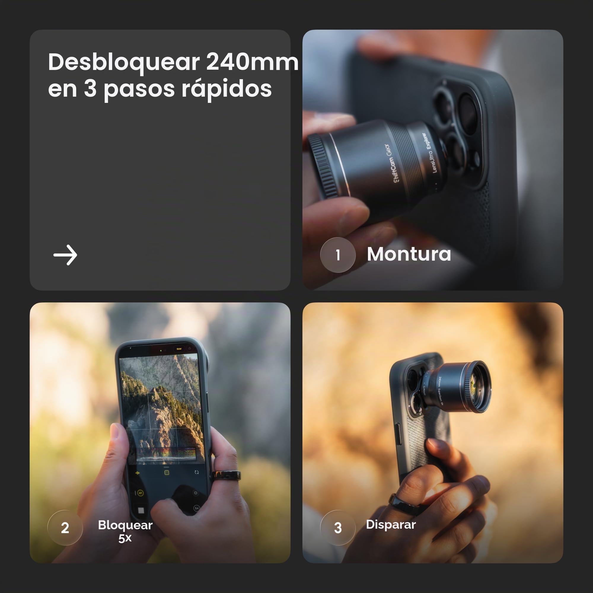 ShiftCam LensUltra Lente Teleobjetivo de 240 mm Super Zoom para iPhone 17 Pro/16/15 y Android, lente de teléfono con cámara móvil de cristal fluorita para viajes, vida silvestre y conciertos para