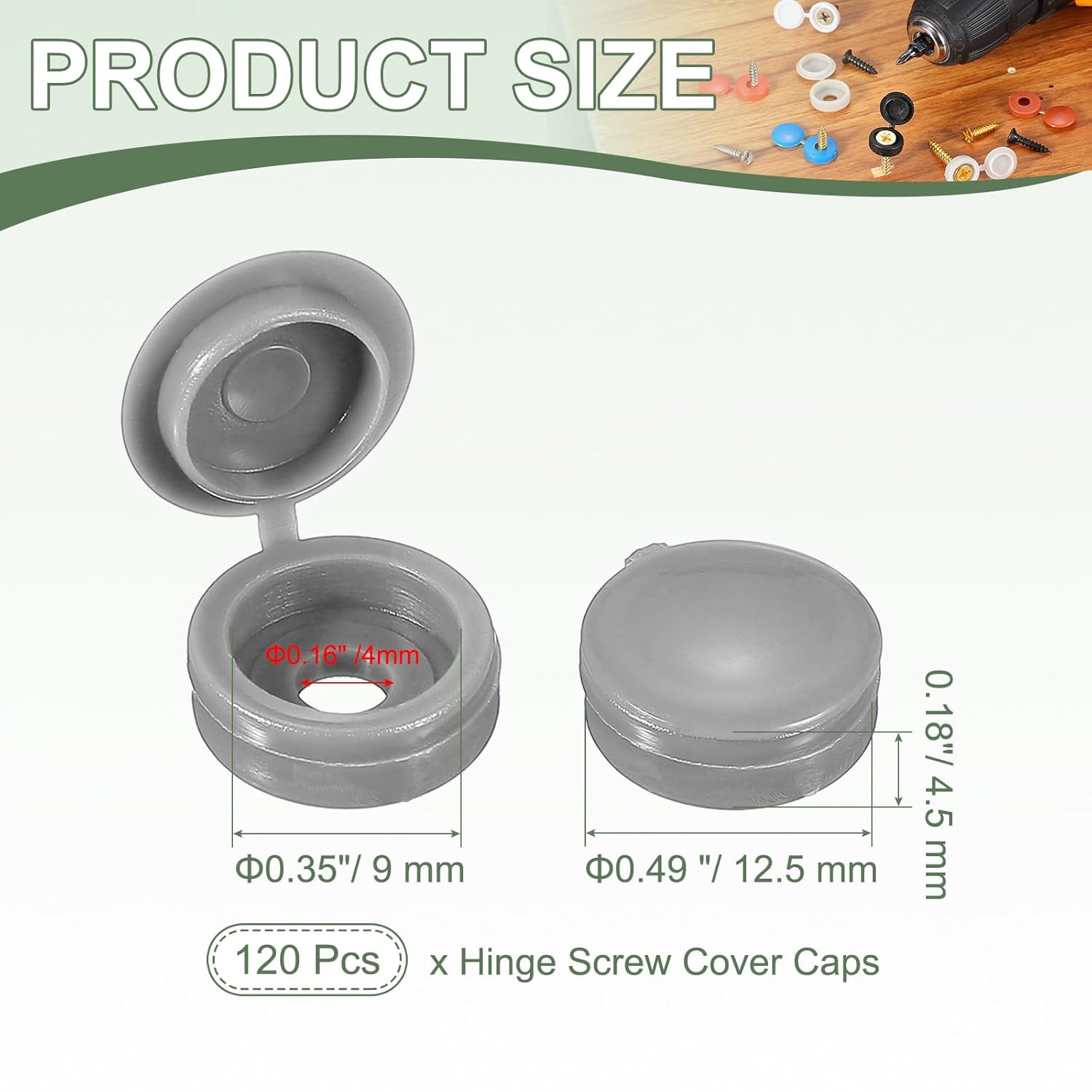 Screw Snap Covers, M4 Plastic Hinged Screw Cover Caps Shutter Screws Fold Snap Washer - Fitting for (Windows/Railings/Home Furniture/Cabinets), 4mm & 120 Pack & Medium Grey