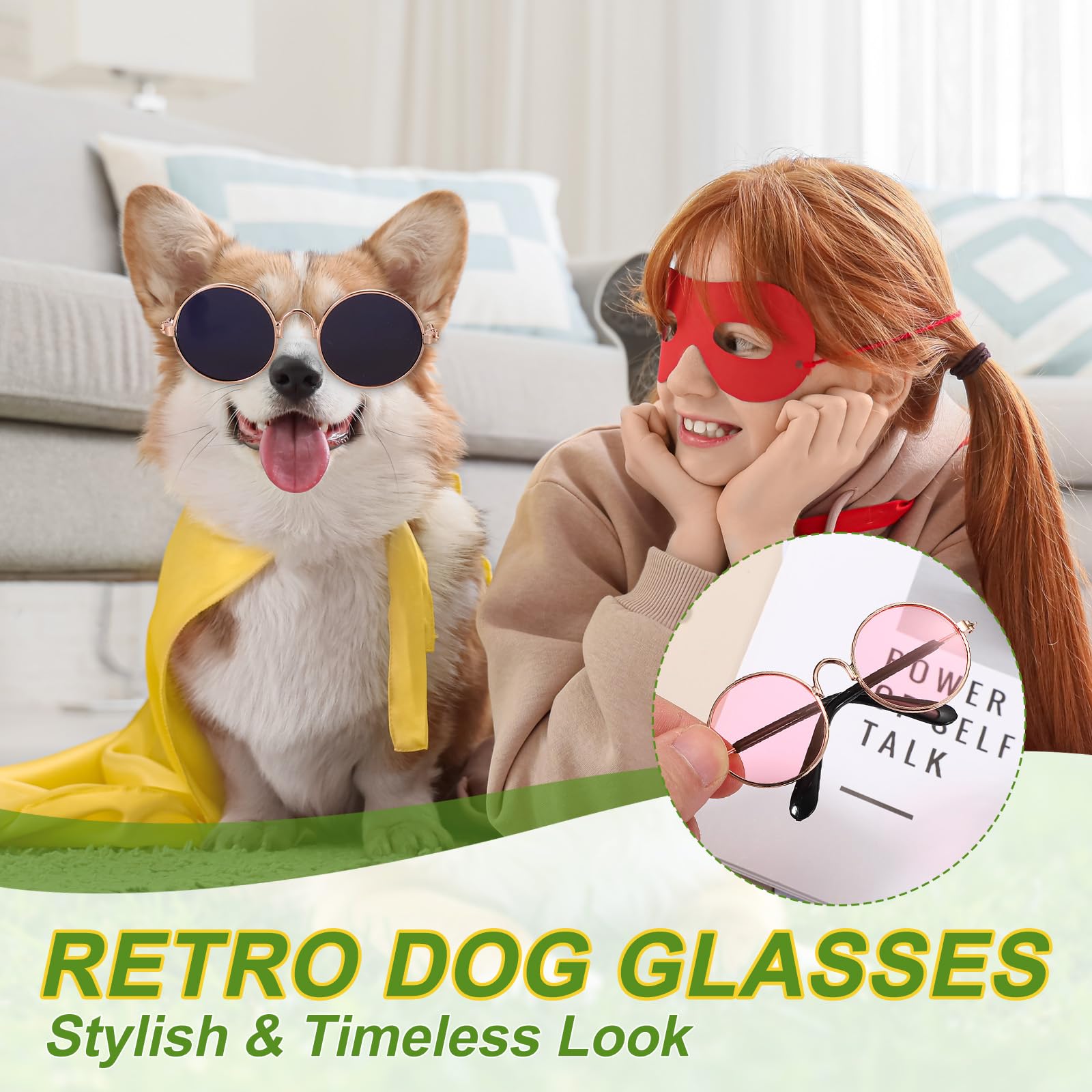 Okulary przeciwsłoneczne dla psów, retro, dla psów, kociąt, klasyczne, metalowe okulary, cosplay, kostium fotograficzny, rekwizyty, urocze mini okulary (lotnik, zielone soczewki