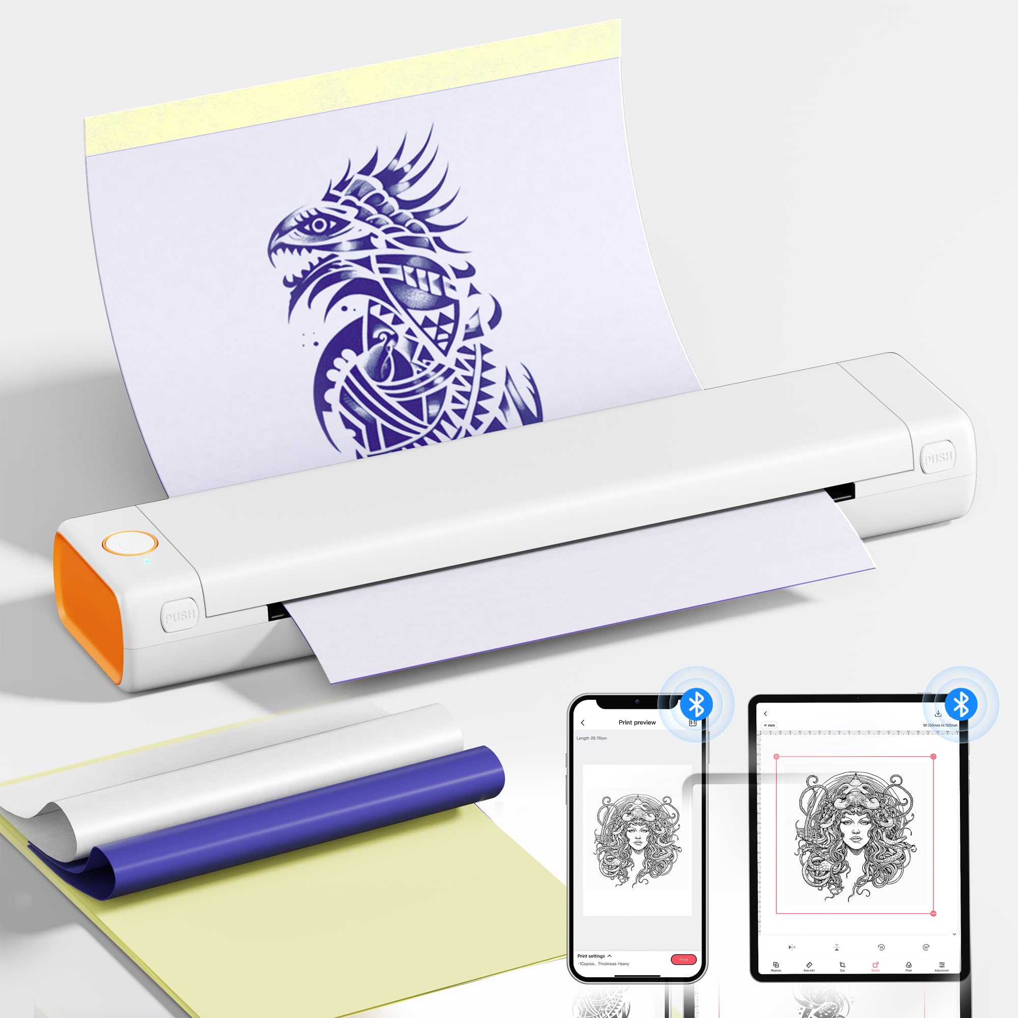 Tattoo Drucker Stencil Drucker mit 10 Blatt Stencil Papier für Tattoo Maschine Set, Thermodrucker Tattoo Kompatibel mit IPad & Telefon & PC für Tattoo Künstler und Anfänger DIY Tattoos, Weiß