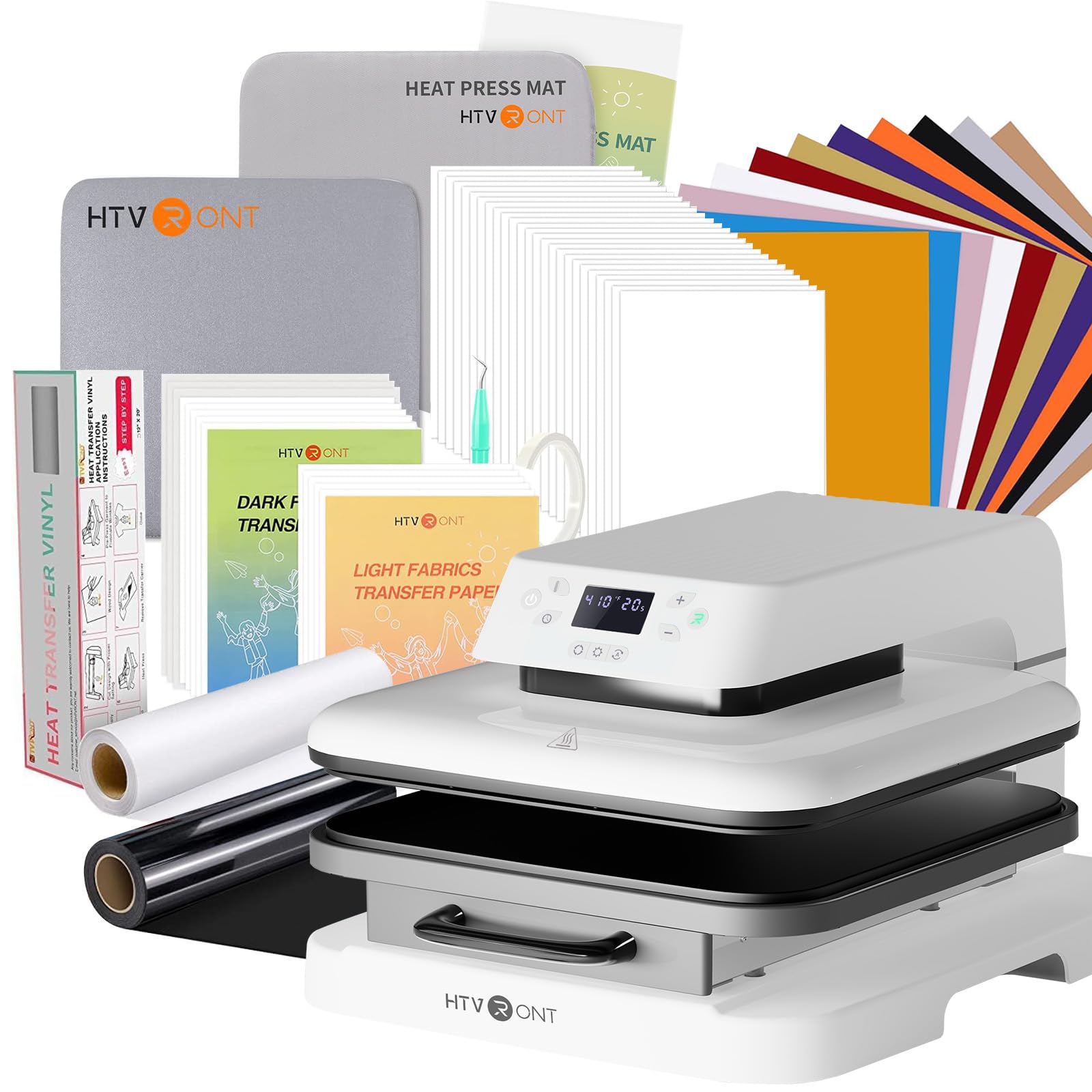HTVRONTAuto Heat Press Machine for T Shirts - 15x15，52 Pcs Heat Press Accessories & 15"x15" Heat Press Mat for Cricut，12" x 20ft Black & White Heat Transfer Vinyl