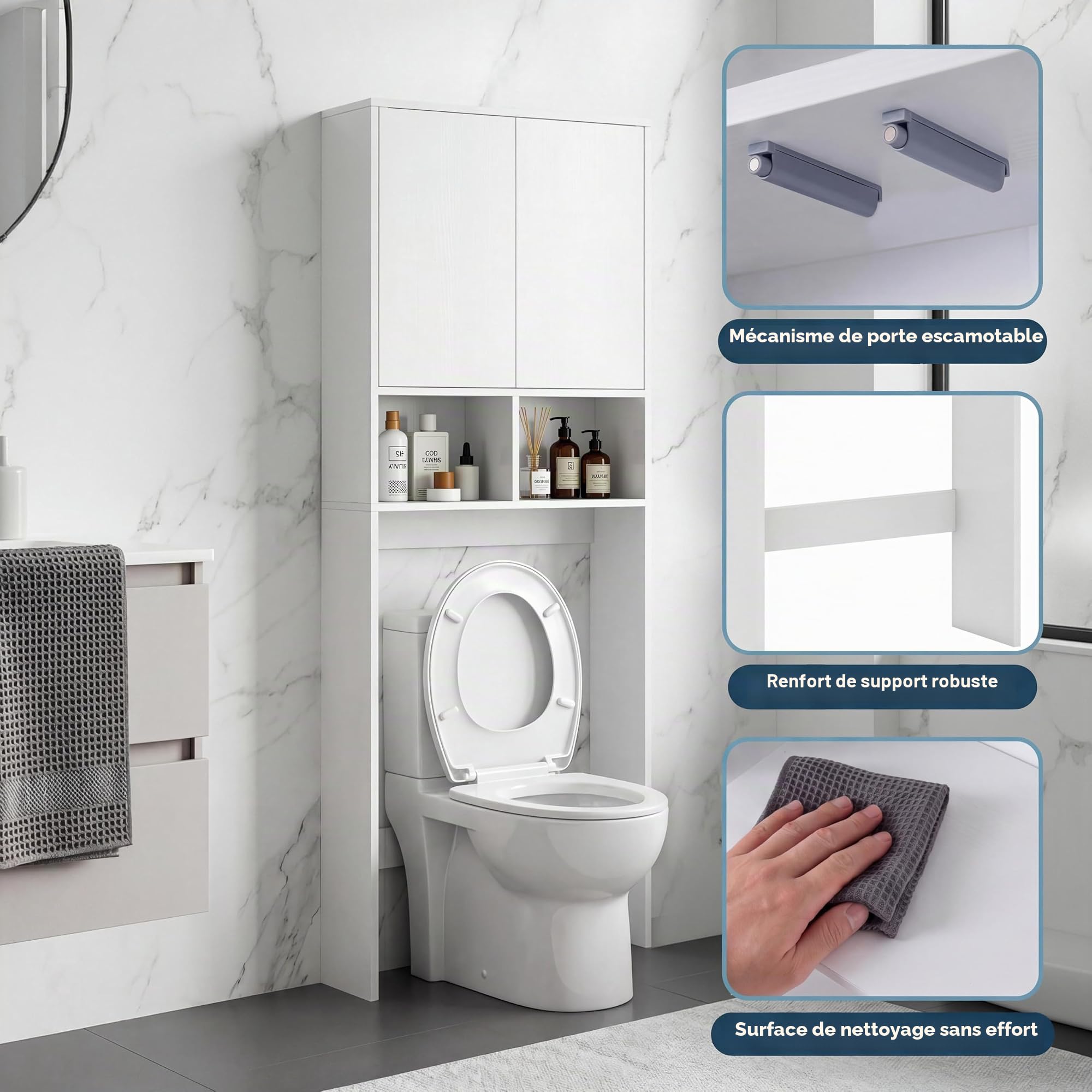 LIFEZEAL Meuble Au-Dessus des Toilettes, Armoire de Rangement Autoportante avec Étagère Réglable et Amovible, 2 Compartiments Ouverts, Meuble Salle de Bain pour Buanderie, 60 x 23 x 166 cm (Blanc1)