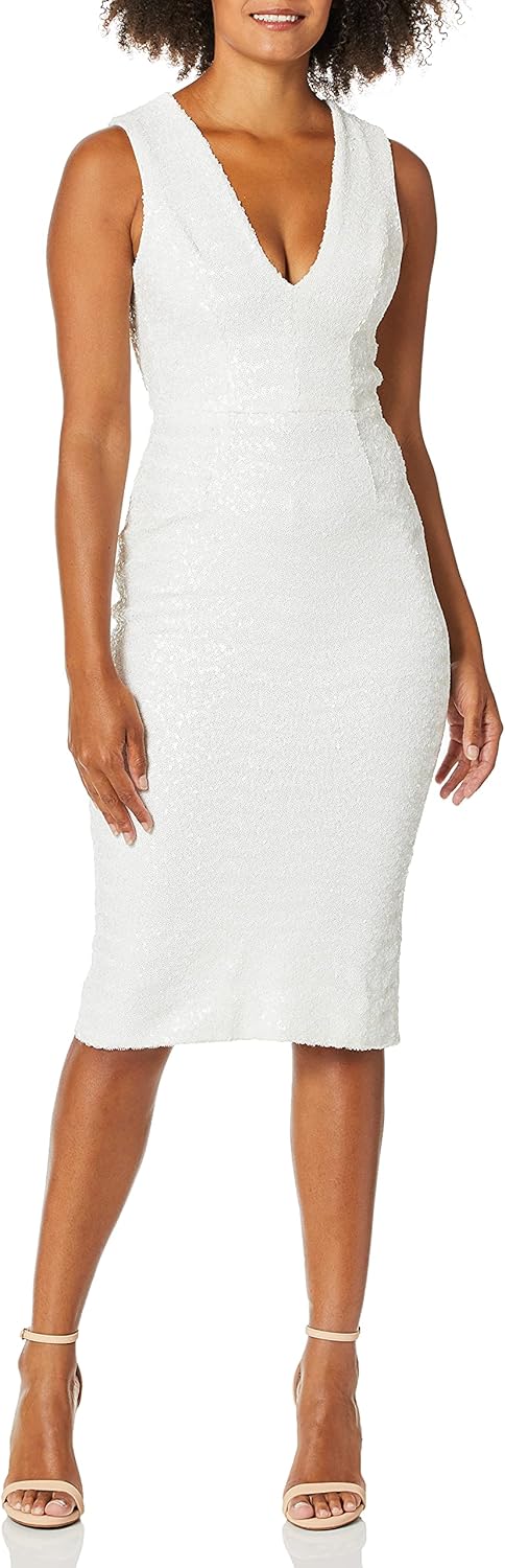 Dress the Population Women's Rani Plunging Sequin Fitted Midi Sleeveless Sheath Dress