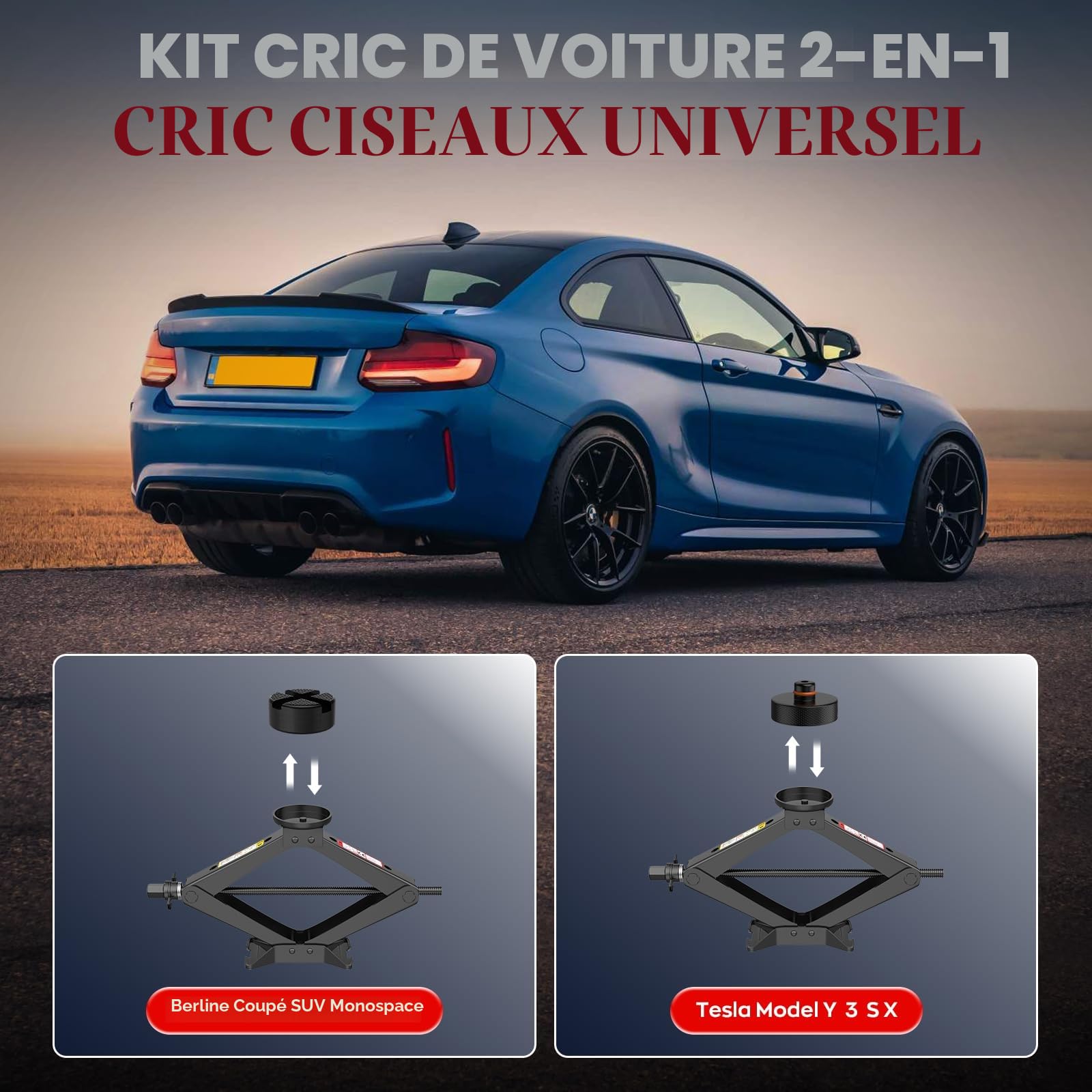 Cric Voiture 2.5T/2500kg IMAYCC Universel Crique Voiture avec 2 Tampon Caoutchouc, Portable Cric de Levage avec Clé pour Écrous de Roue, Set Urgence Automobile pour SUV MPV VoitureTesla