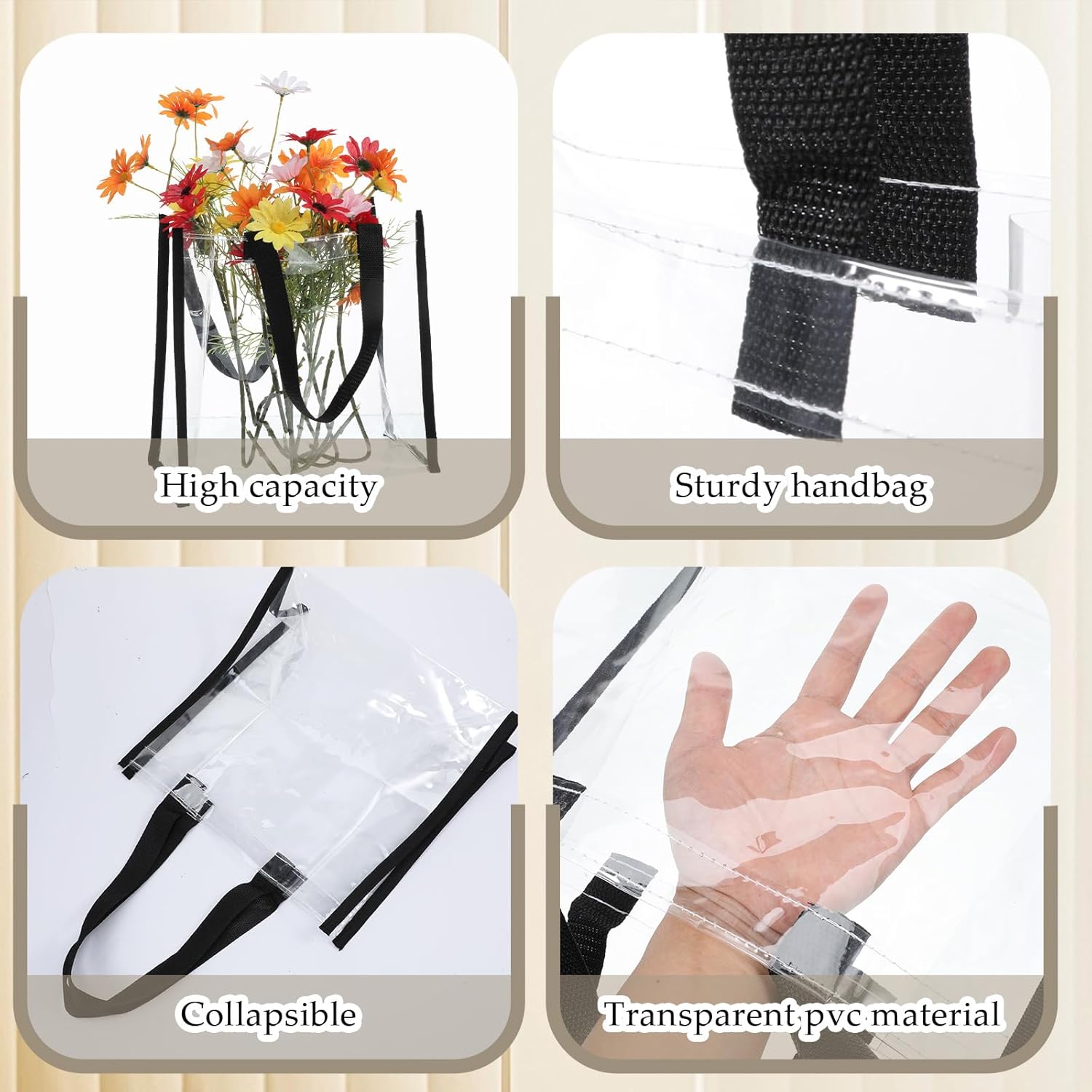 SHENLIU 20 Pack 12x12In Clear Tote Bags Stadium Approved, PVC Plastic Tote Bag With Handles Shoulder Handbag for Women for Shopping, Work, Sports Games, Beach, Concert