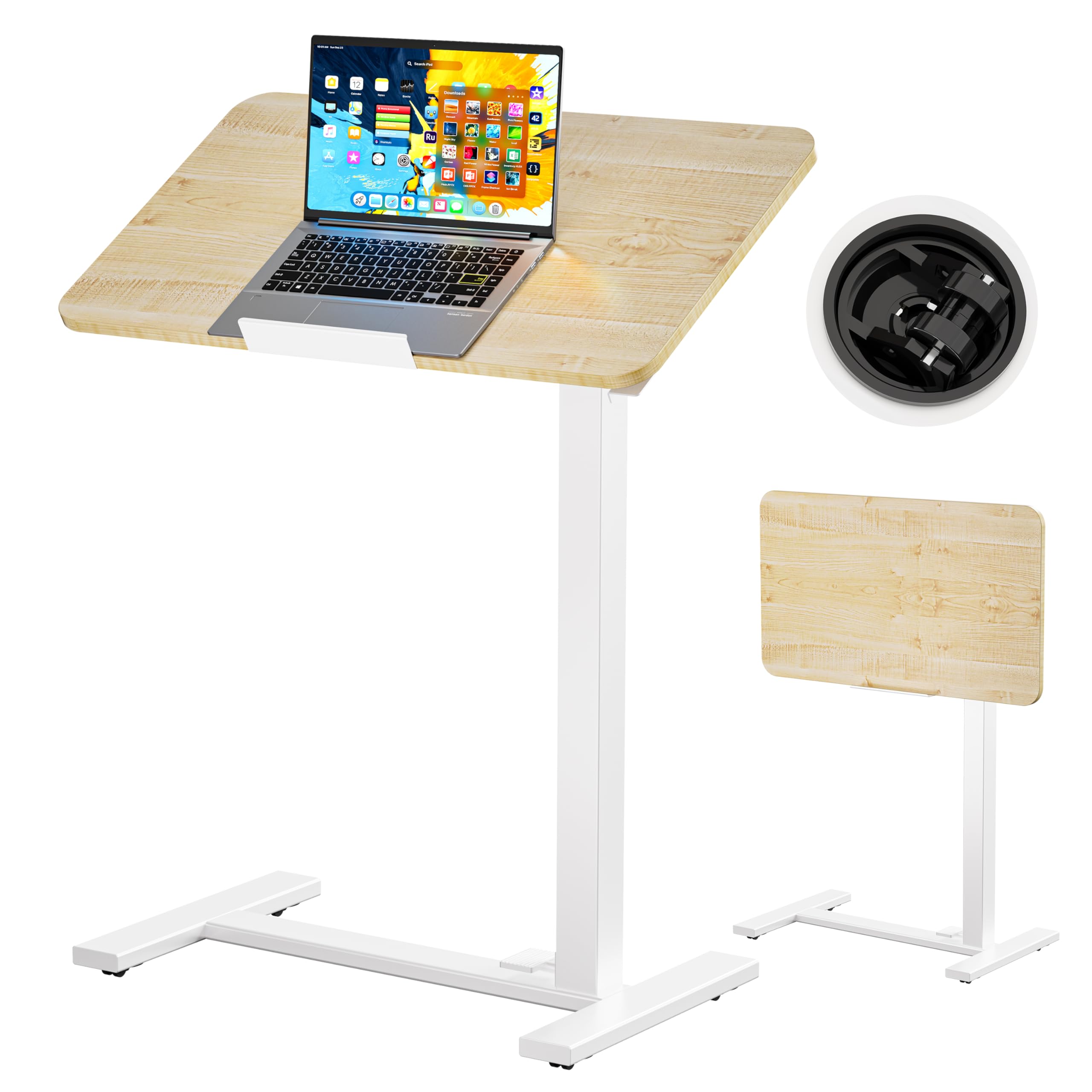BIZUM Mobile Standing Desk Laptop Desk Pneumatic with Wheels 180° Tilt Top Hospital Bed Table Portable Rolling Cart Foldable Bedside Table for Hospital&amp;Home Use, Maple