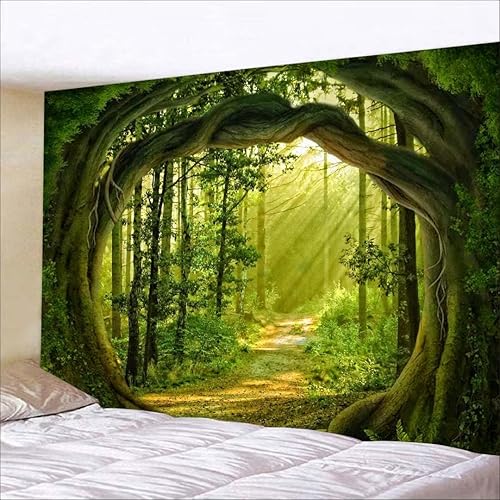 FENDROM Tapiz de bosque encantado, paisaje natural, verde, cueva de árbol, tapiz de pared para colgar en la pared para sala de estar, dormitorio,