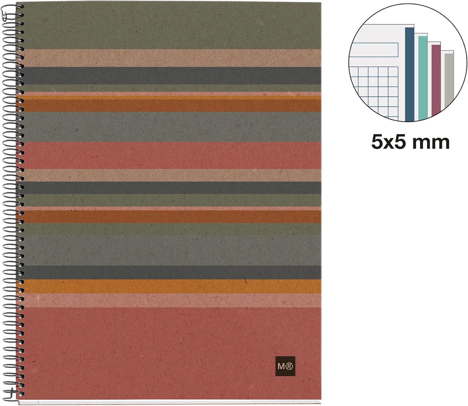 Miquelrius - 100% Recycled Notebook, 4 Colour Stripes, A4, 120 Sheets Grid 5 x 5 mm, 80 g Paper, 4 Drills, Recycled Cardboard Cover, Eco Striped Design
