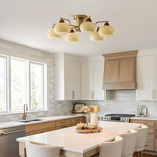 Miniatura 5 de KCO Lámpara de techo retro de latón antiguo de mediados de siglo, moderna de 6 luces doradas, lámpara Sputnik con globo de cristal, para sala de